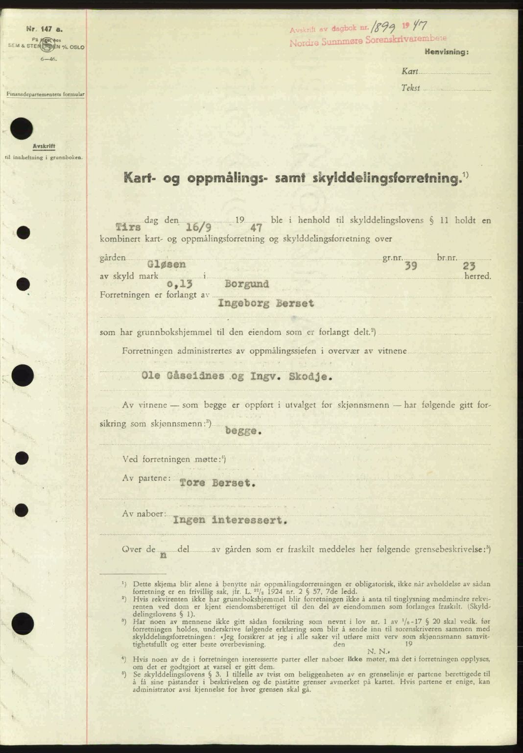 Nordre Sunnmøre sorenskriveri, AV/SAT-A-0006/1/2/2C/2Ca: Mortgage book no. A25, 1947-1947, Diary no: : 1899/1947