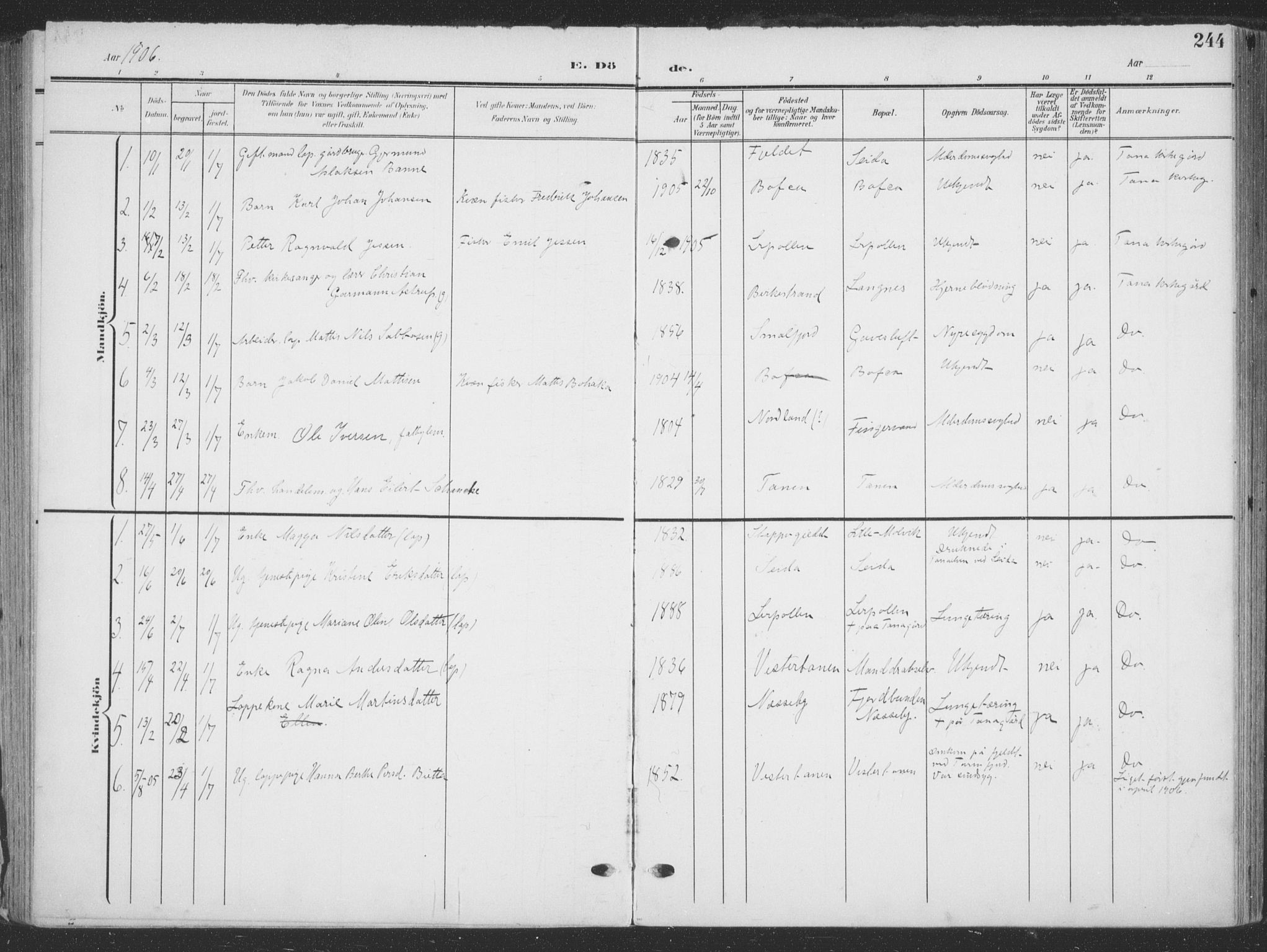 Tana sokneprestkontor, SATØ/S-1334/H/Ha/L0007kirke: Parish register (official) no. 7, 1904-1918, p. 244