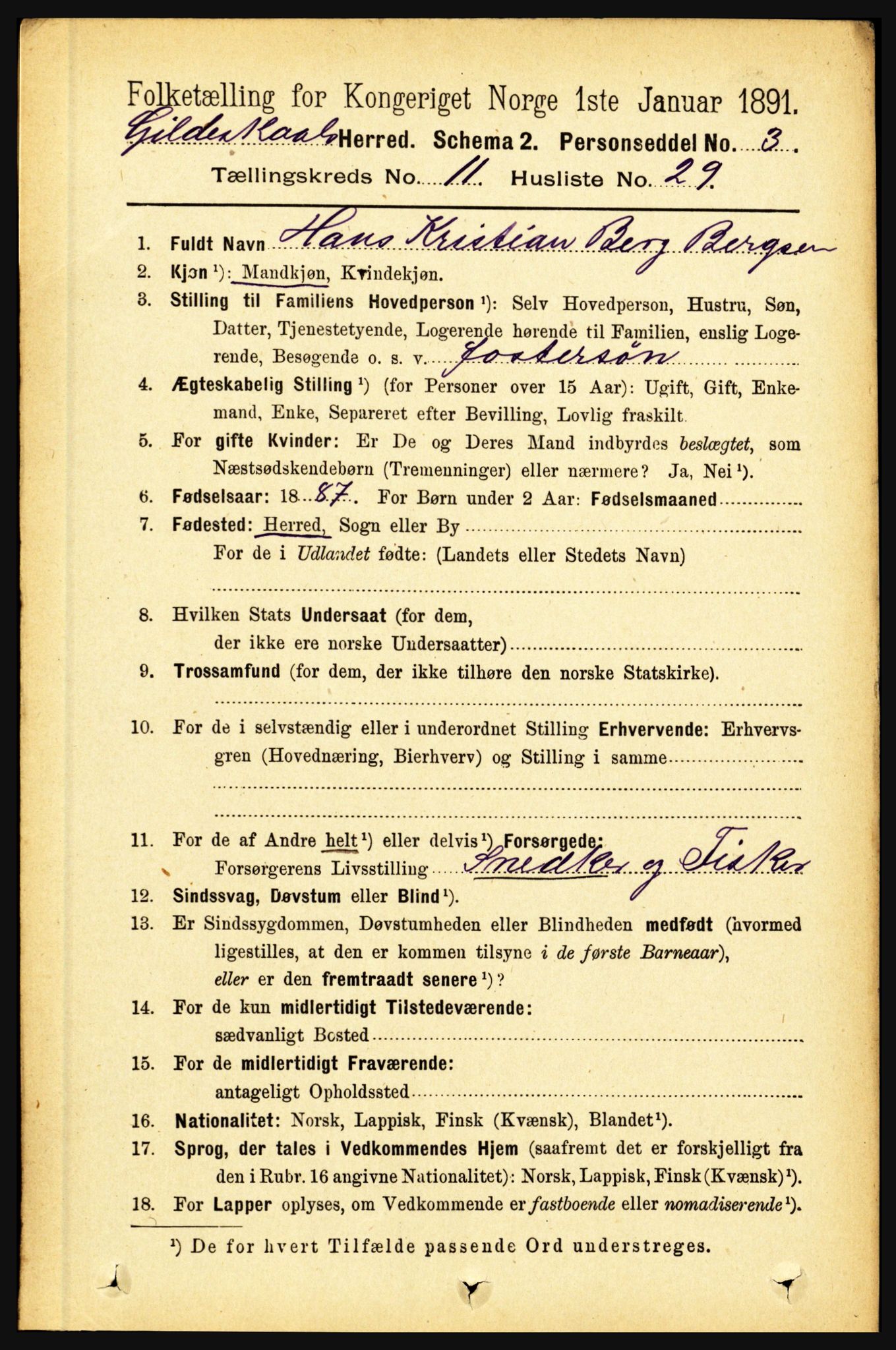 RA, 1891 census for 1838 Gildeskål, 1891, p. 3390