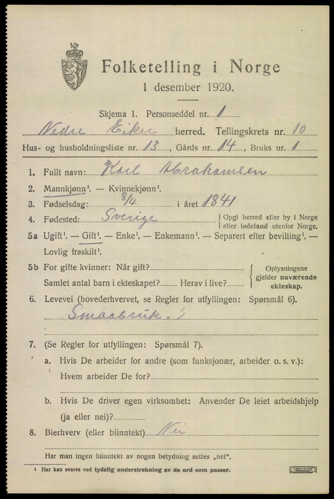 SAKO, 1920 census for Nedre Eiker, 1920, p. 10039