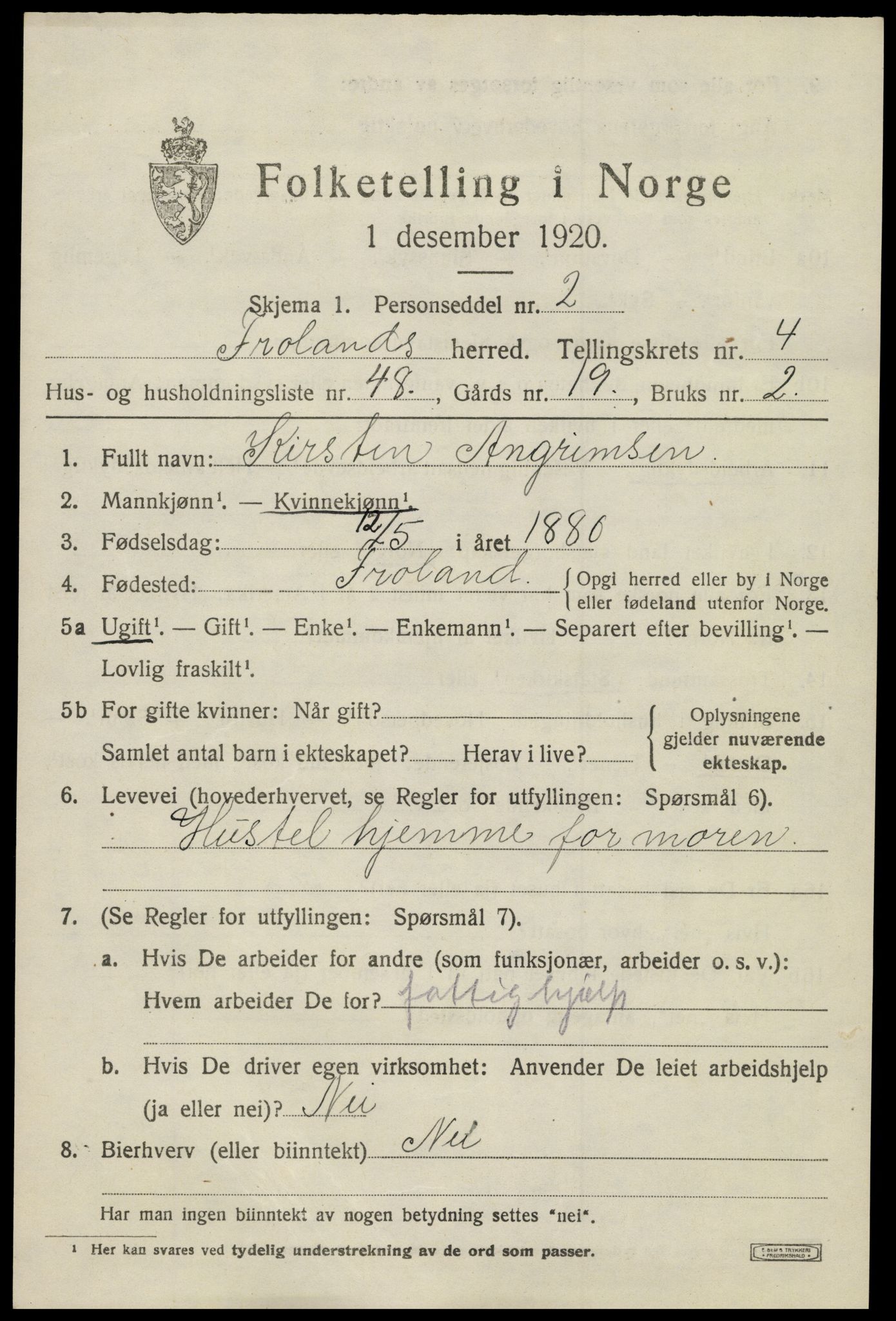 SAK, 1920 census for Froland, 1920, p. 3621