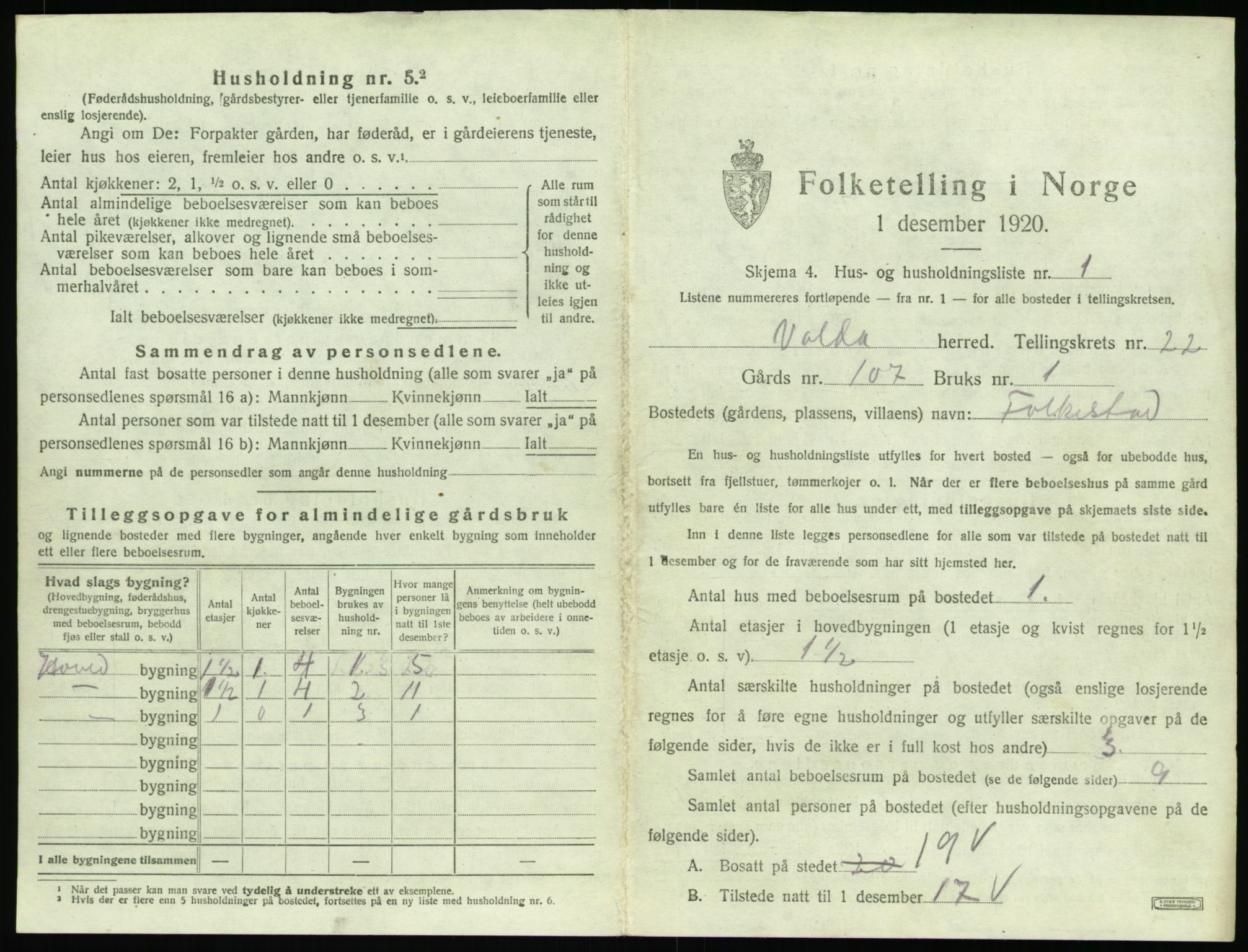 SAT, 1920 census for Volda, 1920, p. 1498