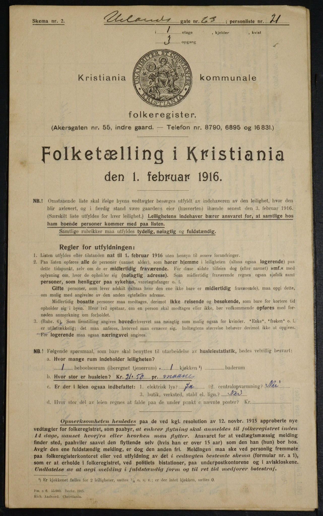 OBA, Municipal Census 1916 for Kristiania, 1916, p. 122122