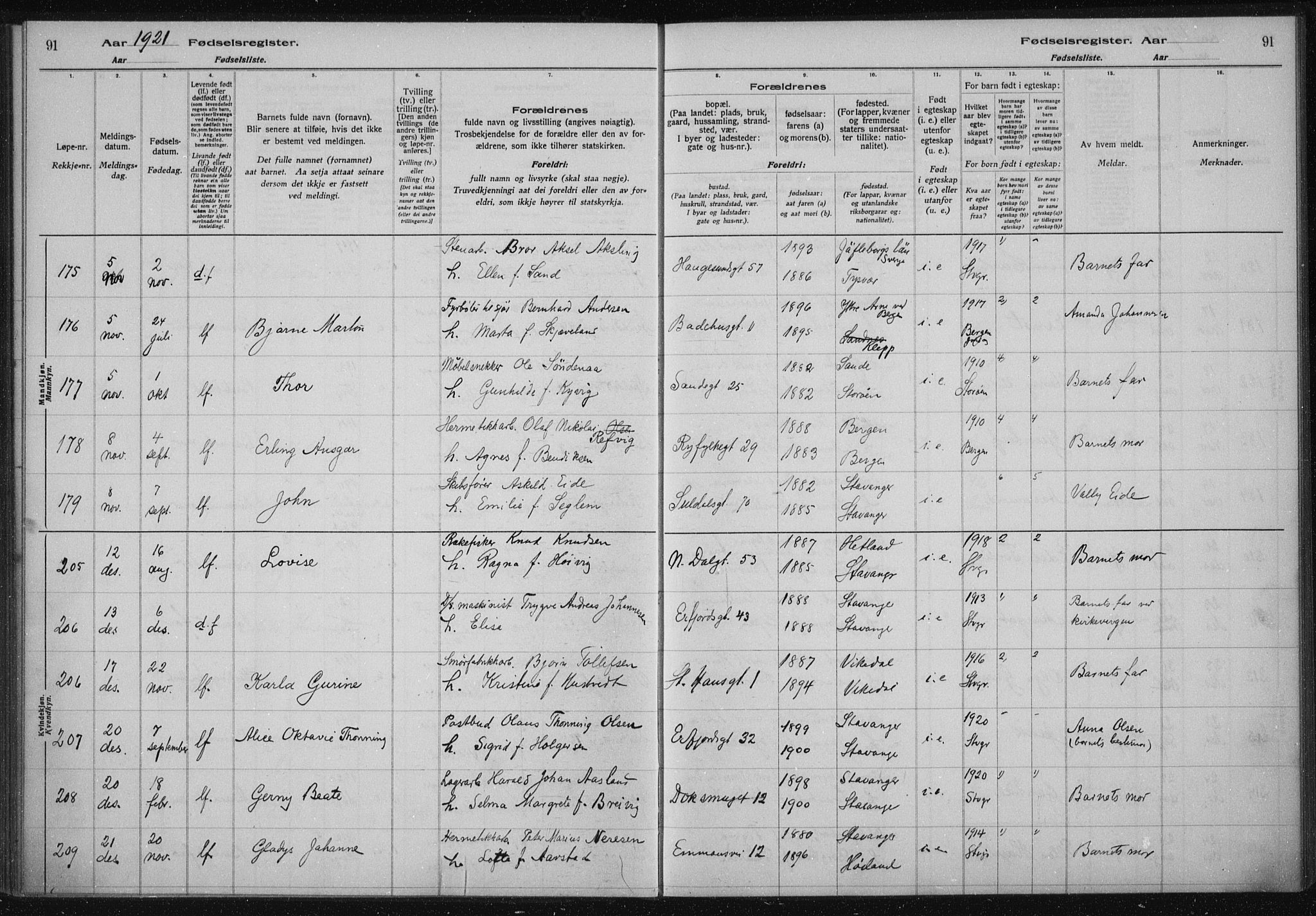 St. Johannes sokneprestkontor, AV/SAST-A-101814/002/A/L0002: Birth register no. 2, 1919-1924, p. 91