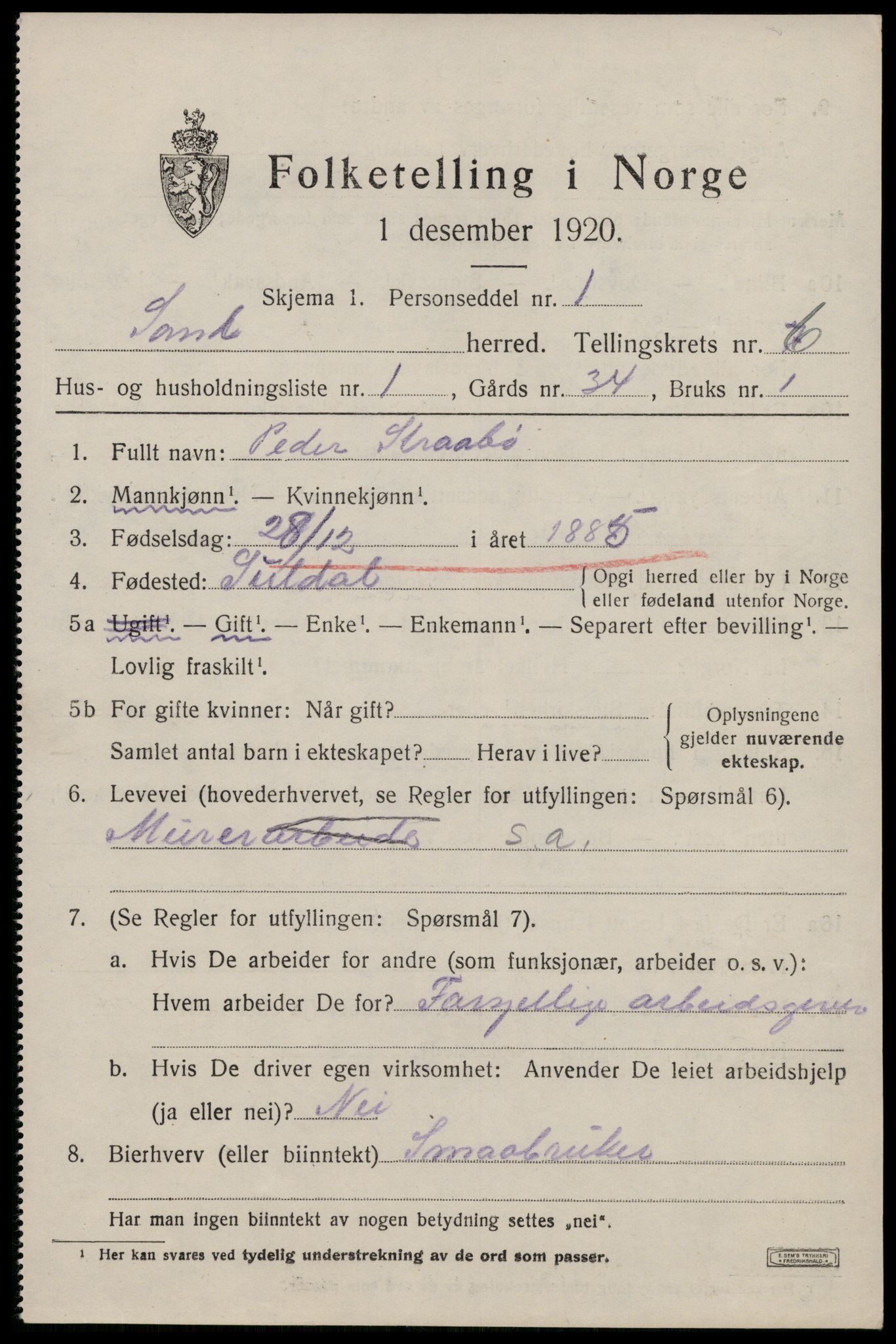 SAST, 1920 census for Sand, 1920, p. 2111