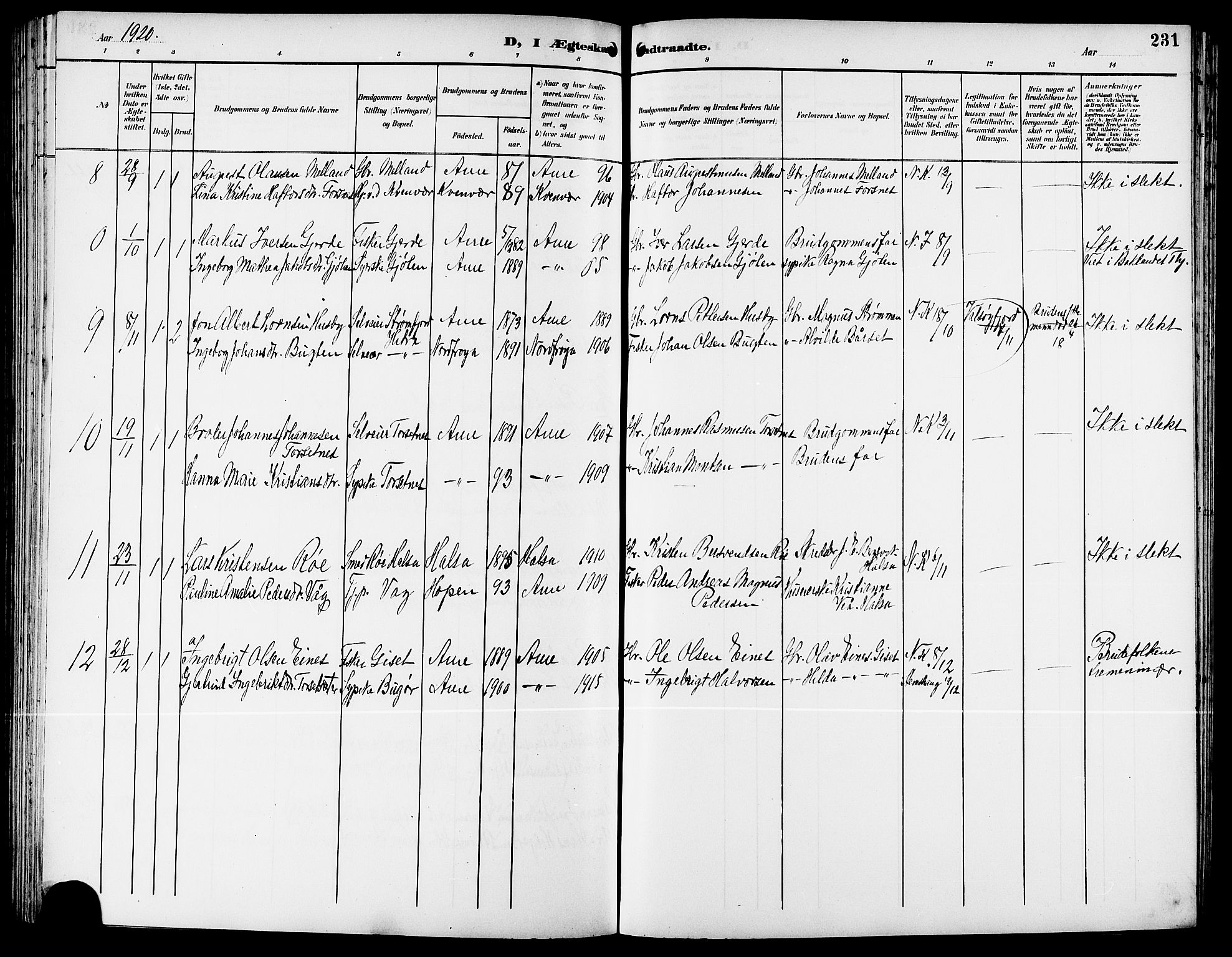 Ministerialprotokoller, klokkerbøker og fødselsregistre - Møre og Romsdal, AV/SAT-A-1454/578/L0910: Parish register (copy) no. 578C03, 1900-1921, p. 231