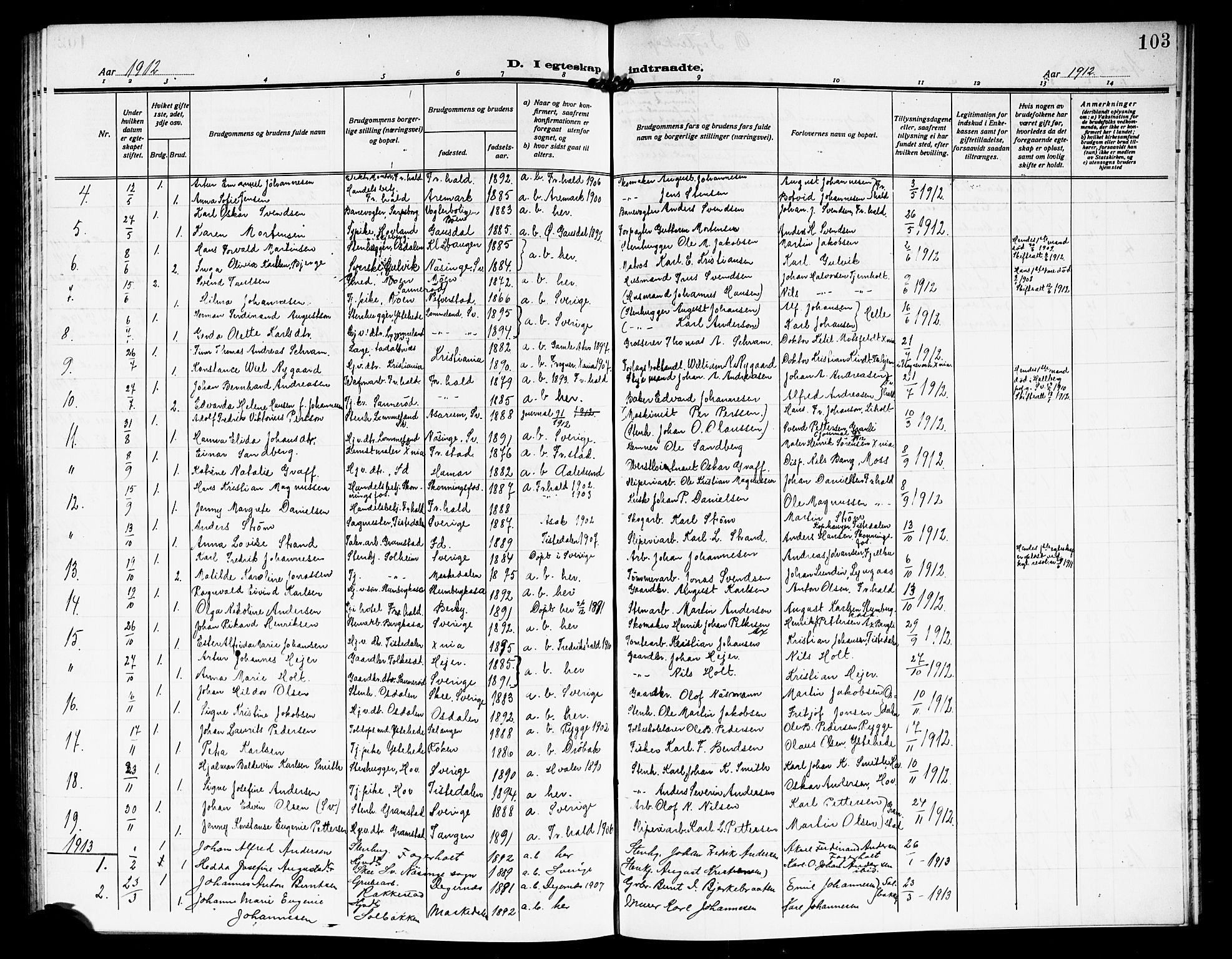 Idd prestekontor Kirkebøker, SAO/A-10911/G/Gb/L0002: Parish register (copy) no. II 2, 1907-1913, p. 103