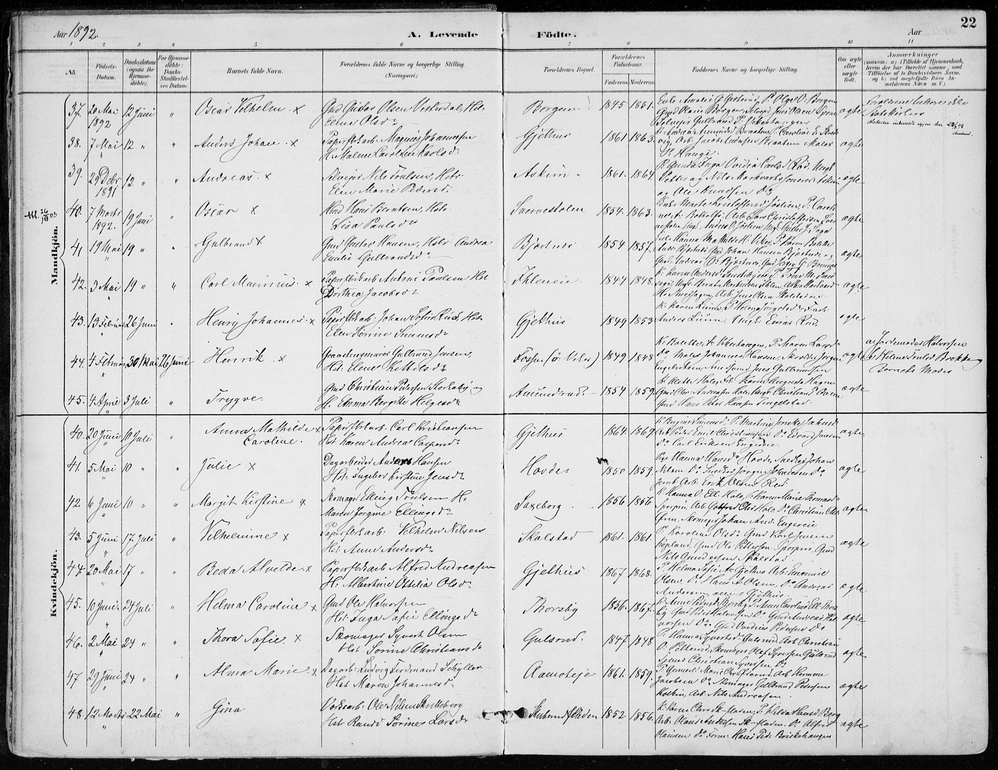 Modum kirkebøker, AV/SAKO-A-234/F/Fa/L0012: Parish register (official) no. 12, 1890-1898, p. 22