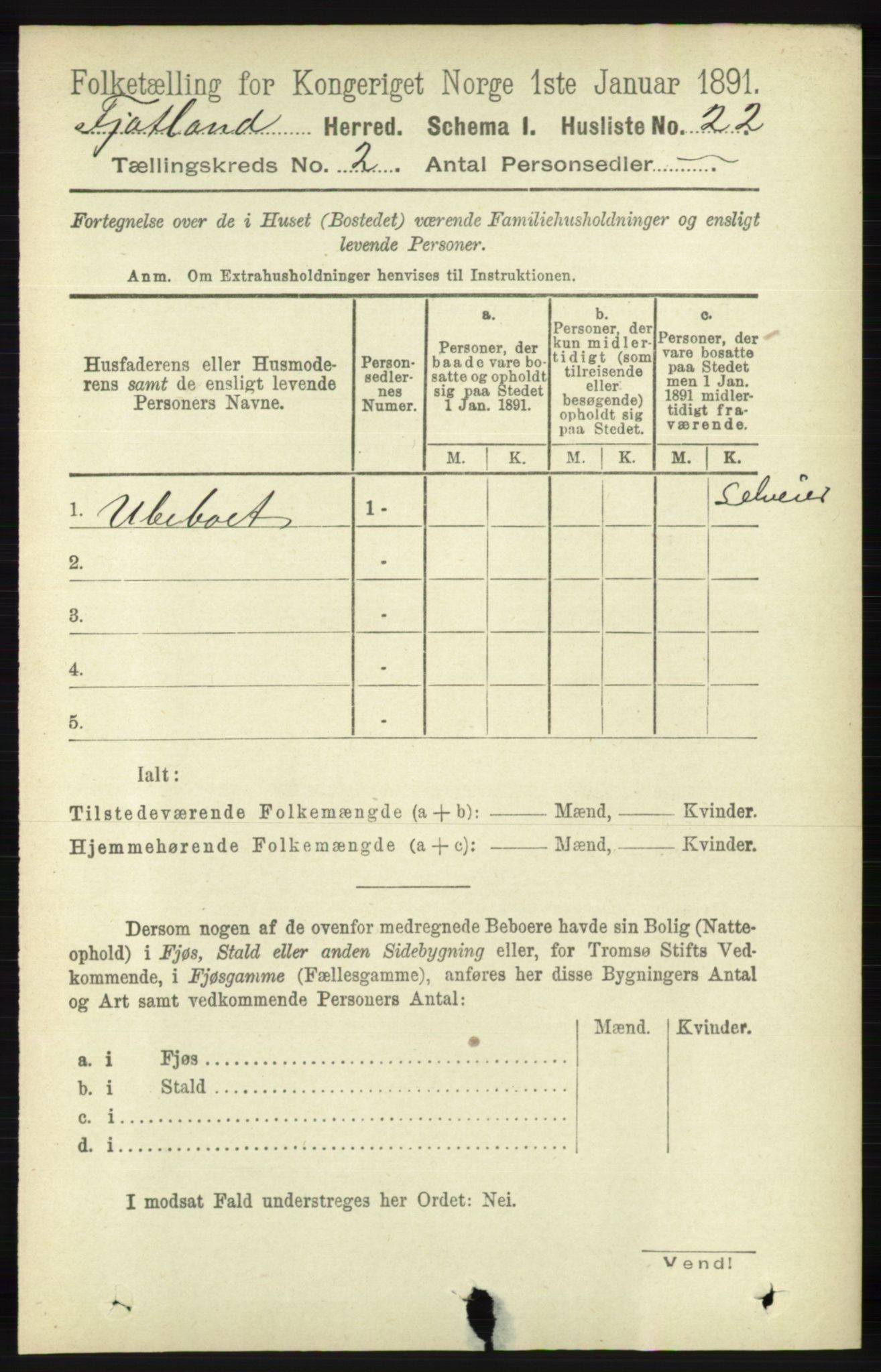 RA, 1891 census for 1036 Fjotland, 1891, p. 232