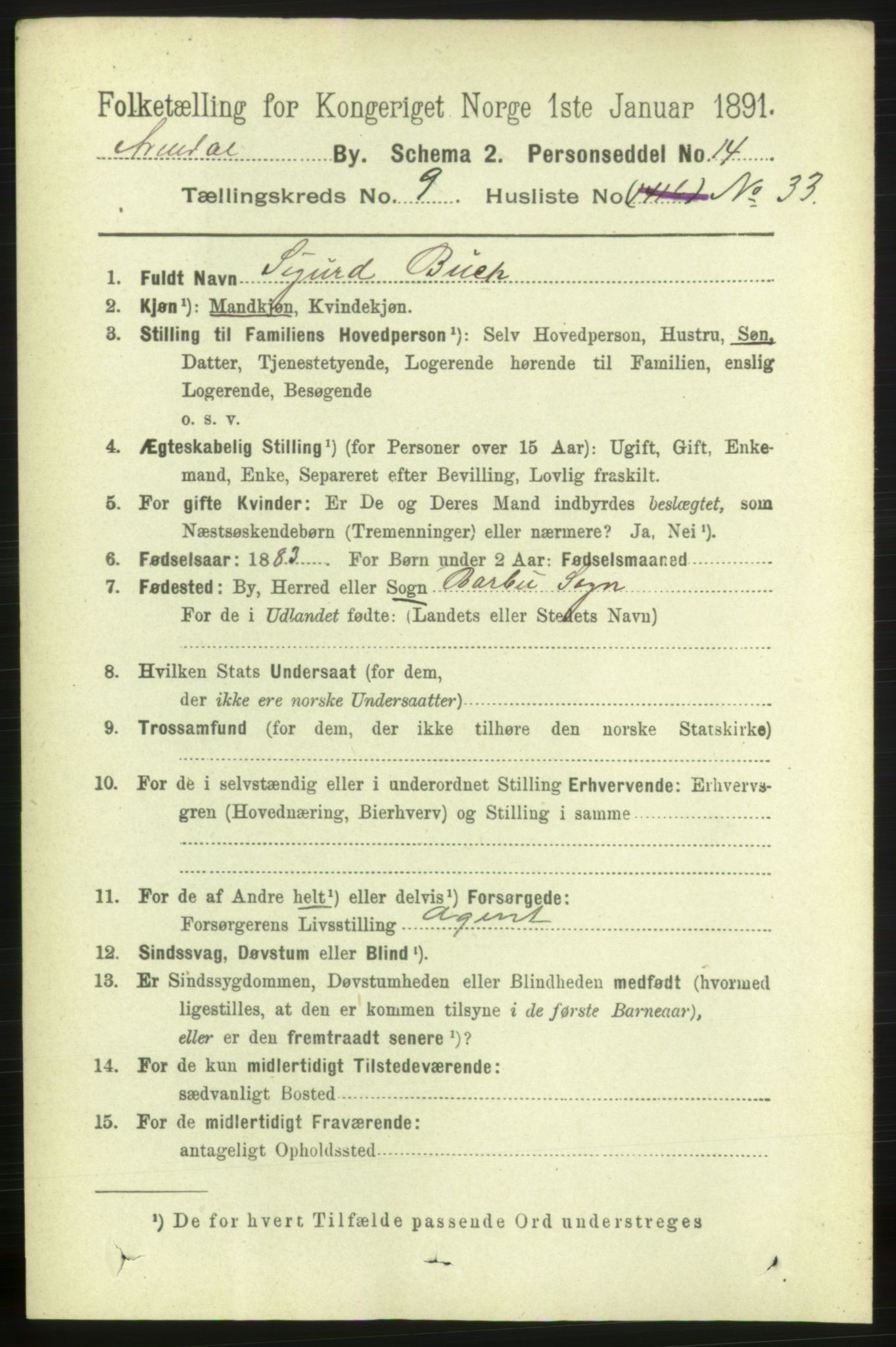 RA, 1891 census for 0903 Arendal, 1891, p. 3630