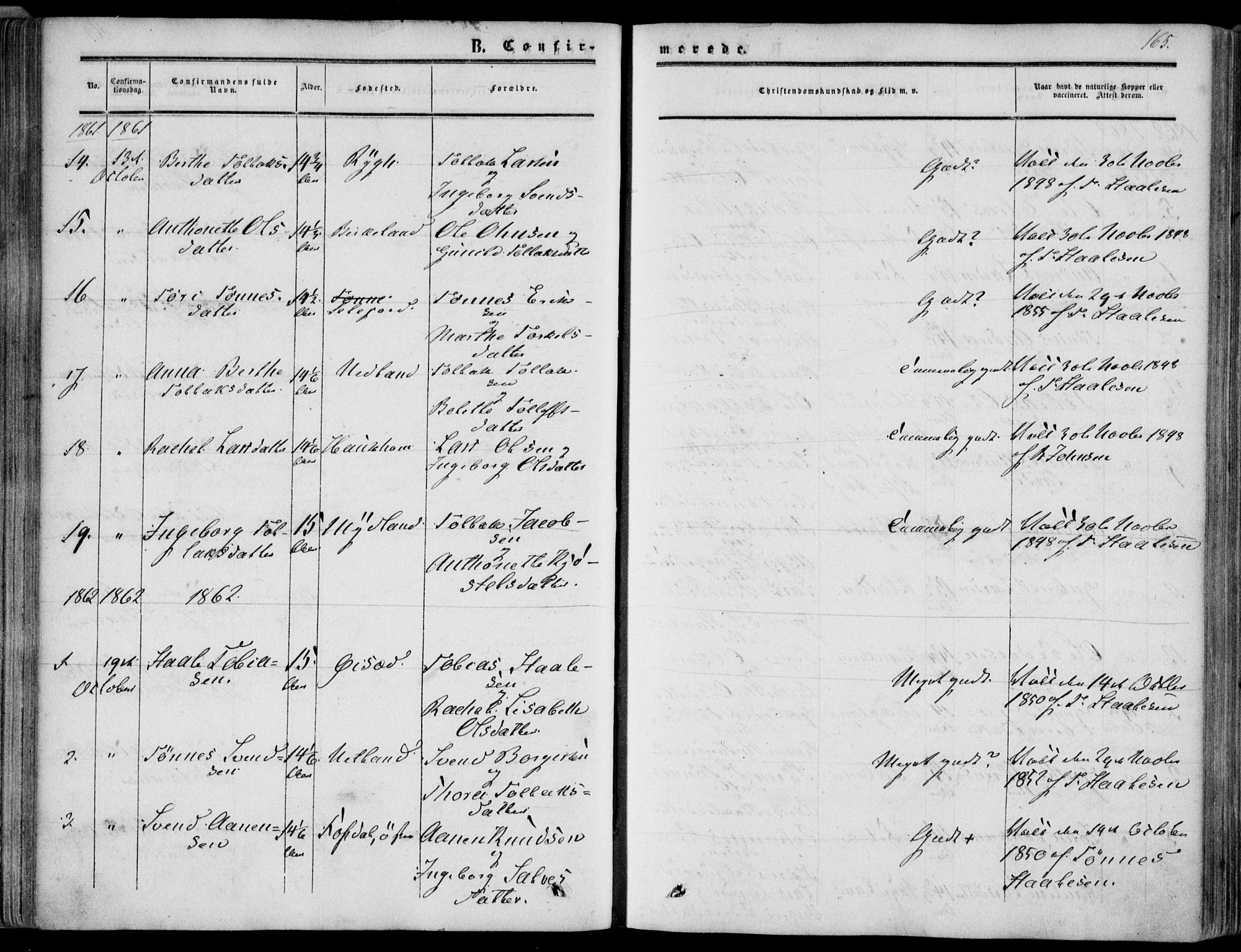 Bakke sokneprestkontor, SAK/1111-0002/F/Fa/Fab/L0002: Parish register (official) no. A 2, 1855-1884, p. 165
