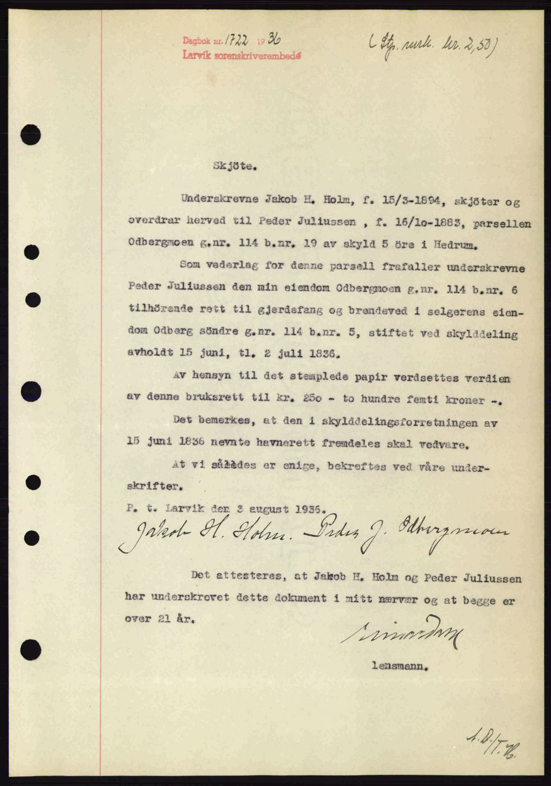 Larvik sorenskriveri, SAKO/A-83/G/Ga/Gab/L0067: Mortgage book no. A-1, 1936-1937, Diary no: : 1722/1936