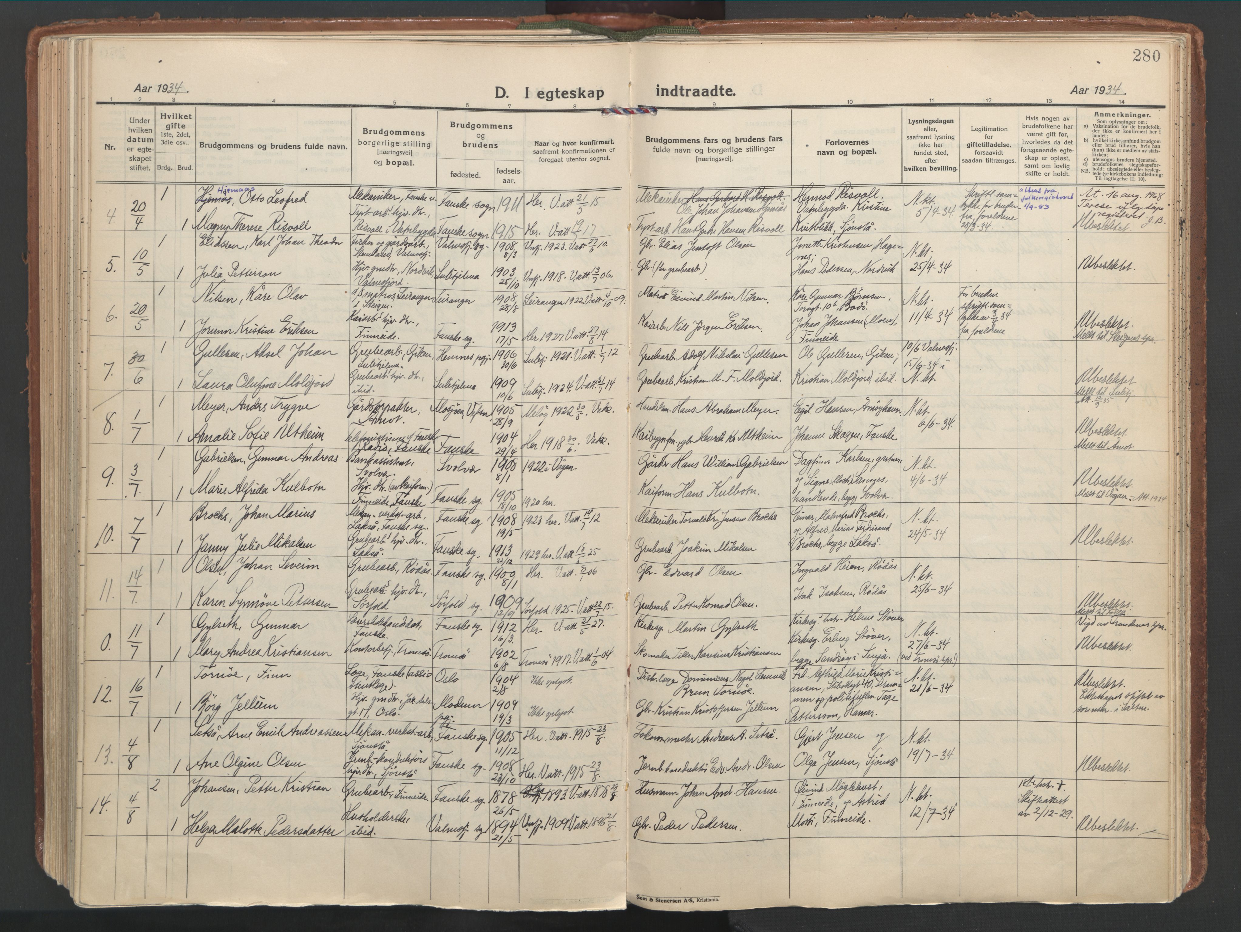 Ministerialprotokoller, klokkerbøker og fødselsregistre - Nordland, AV/SAT-A-1459/849/L0699: Parish register (official) no. 849A10, 1924-1937, p. 280