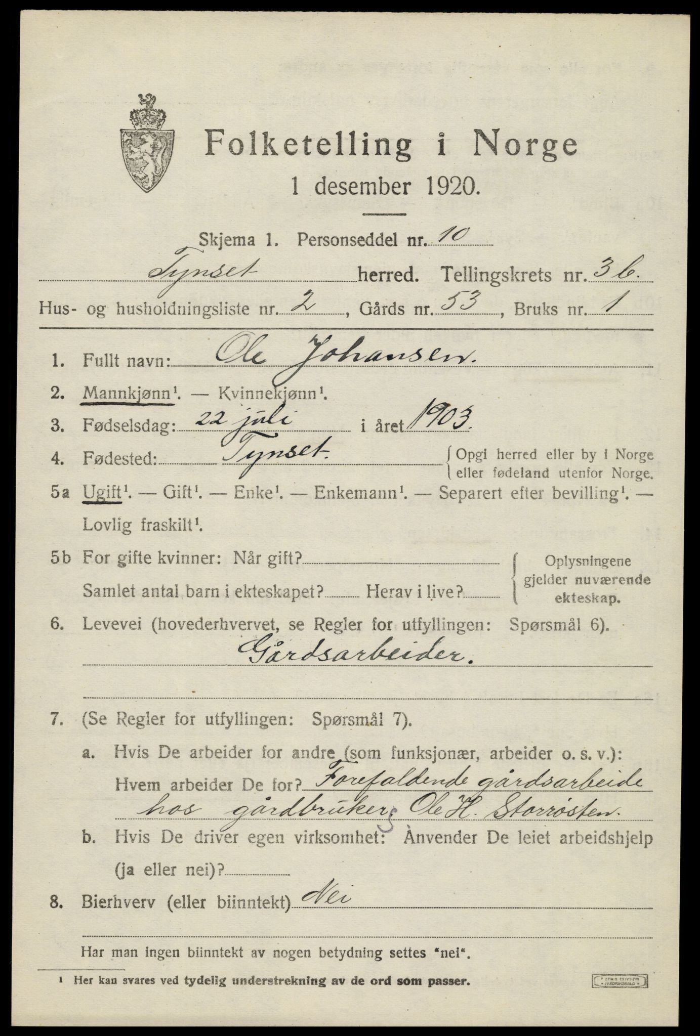 SAH, 1920 census for Tynset, 1920, p. 3166