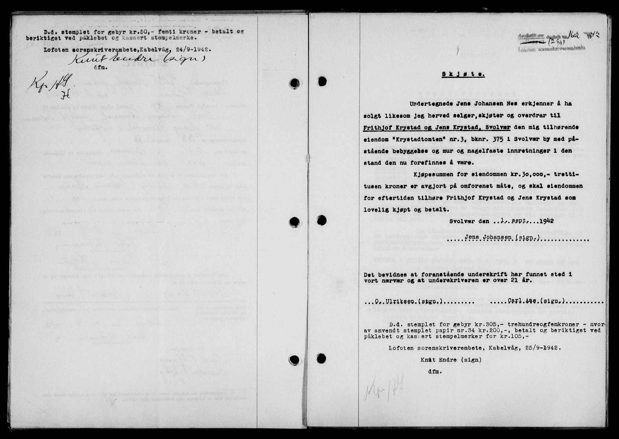 Lofoten sorenskriveri, SAT/A-0017/1/2/2C/L0010a: Mortgage book no. 10a, 1942-1943, Diary no: : 1602/1942