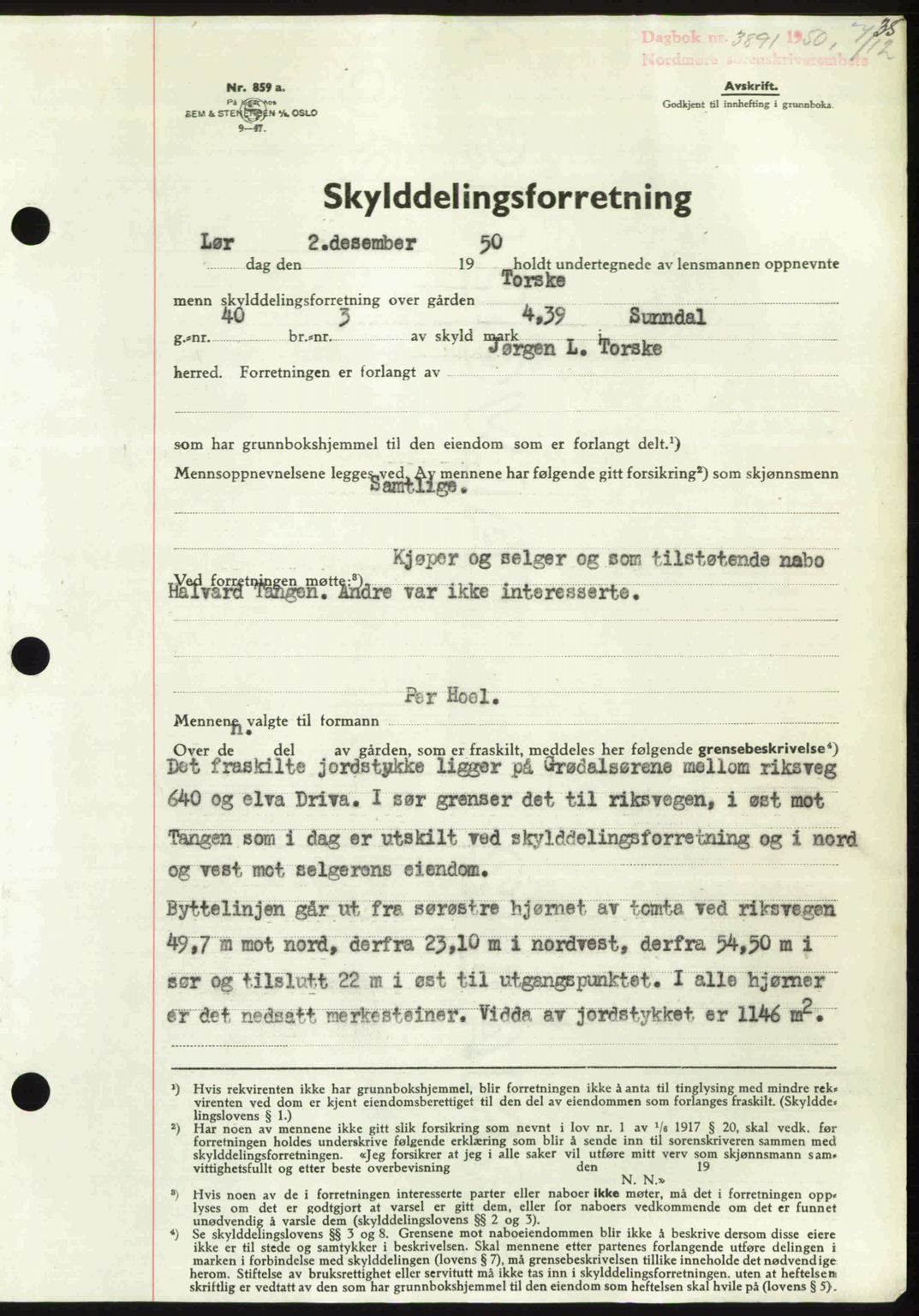 Nordmøre sorenskriveri, AV/SAT-A-4132/1/2/2Ca: Mortgage book no. A117, 1950-1950, Diary no: : 3891/1950