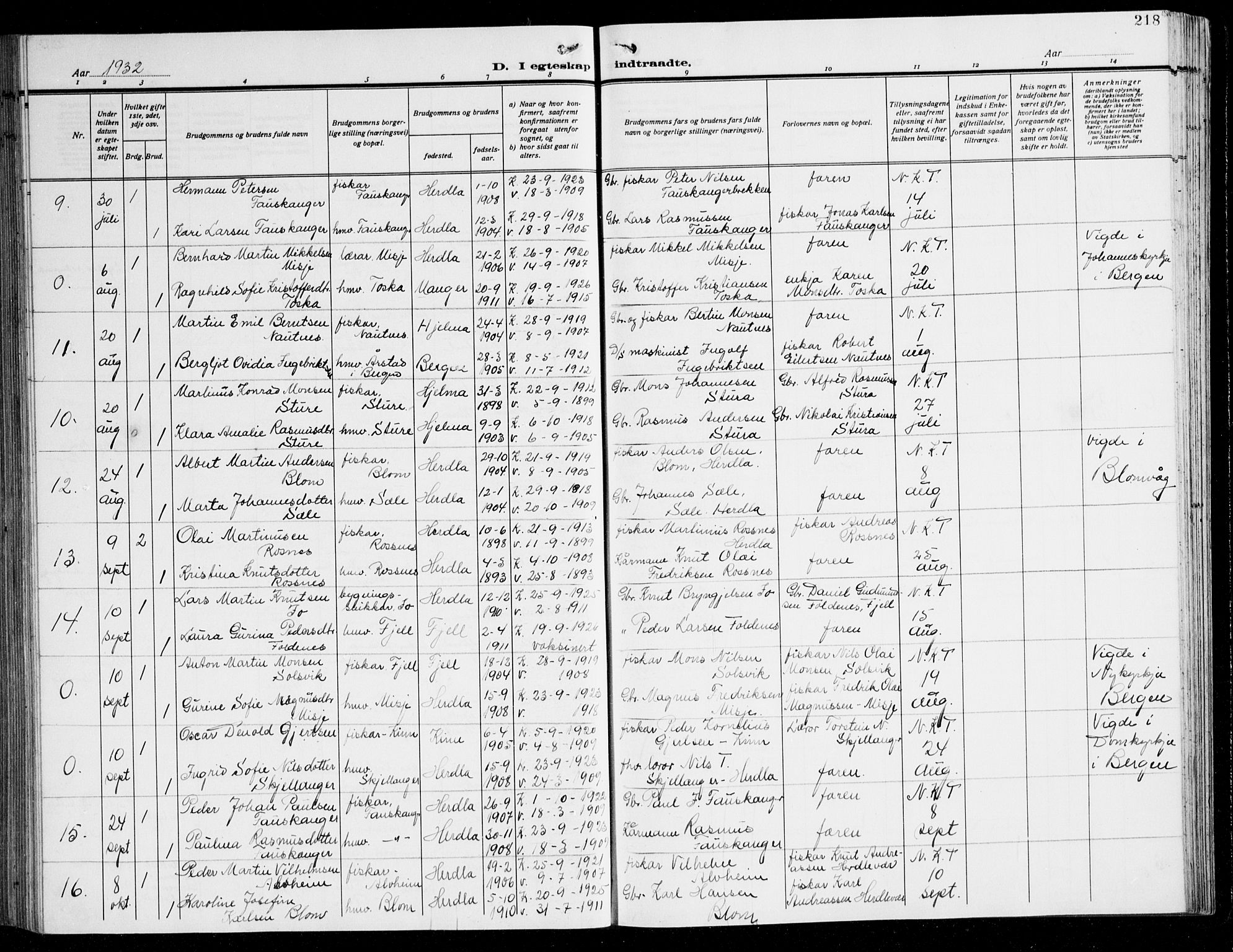 Herdla Sokneprestembete, AV/SAB-A-75701/H/Hab: Parish register (copy) no. C 3, 1926-1940, p. 218