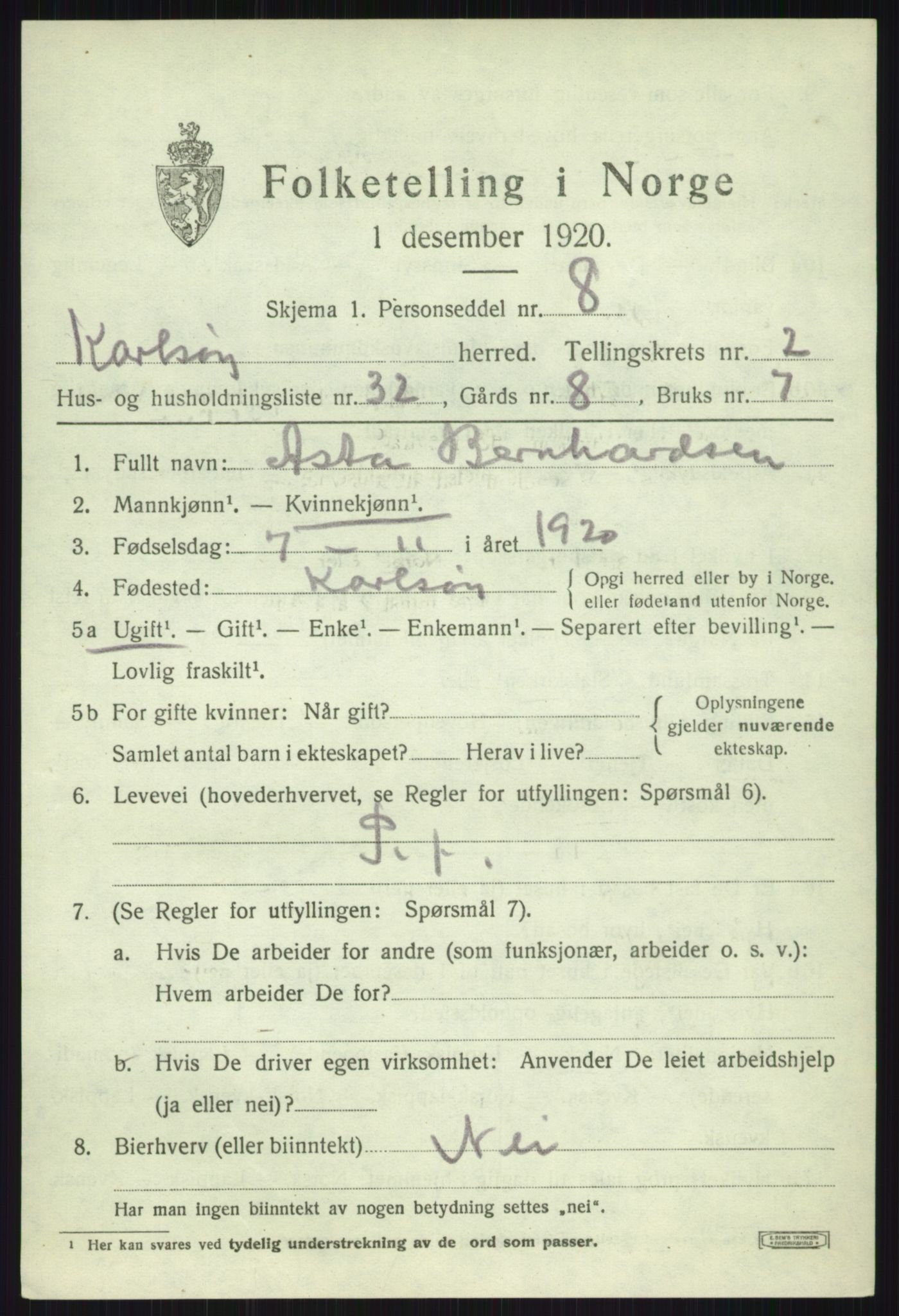 SATØ, 1920 census for Karlsøy, 1920, p. 1605