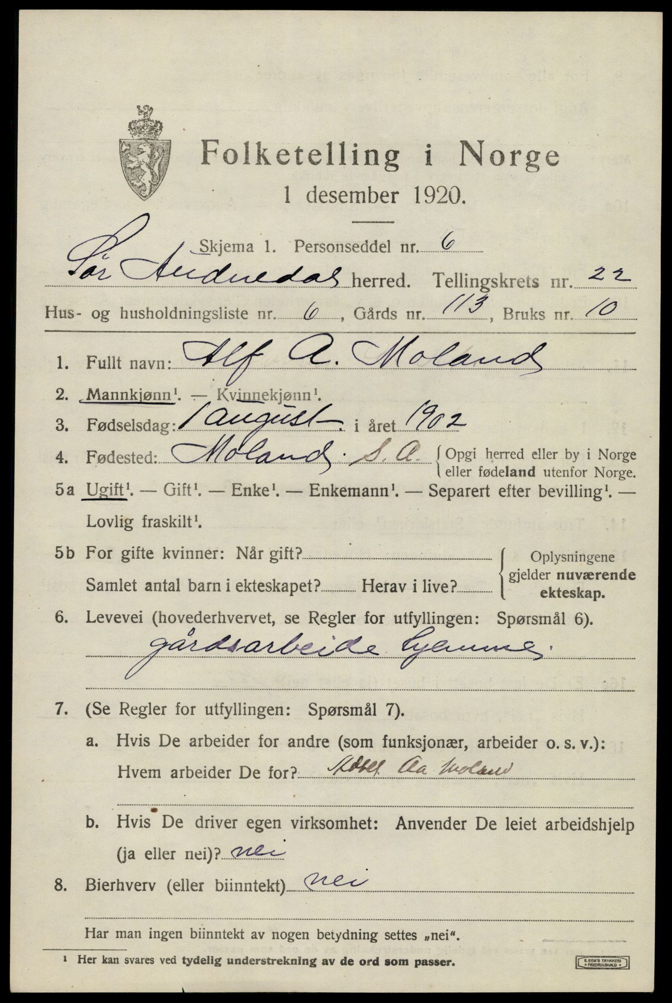 SAK, 1920 census for Sør-Audnedal, 1920, p. 7151