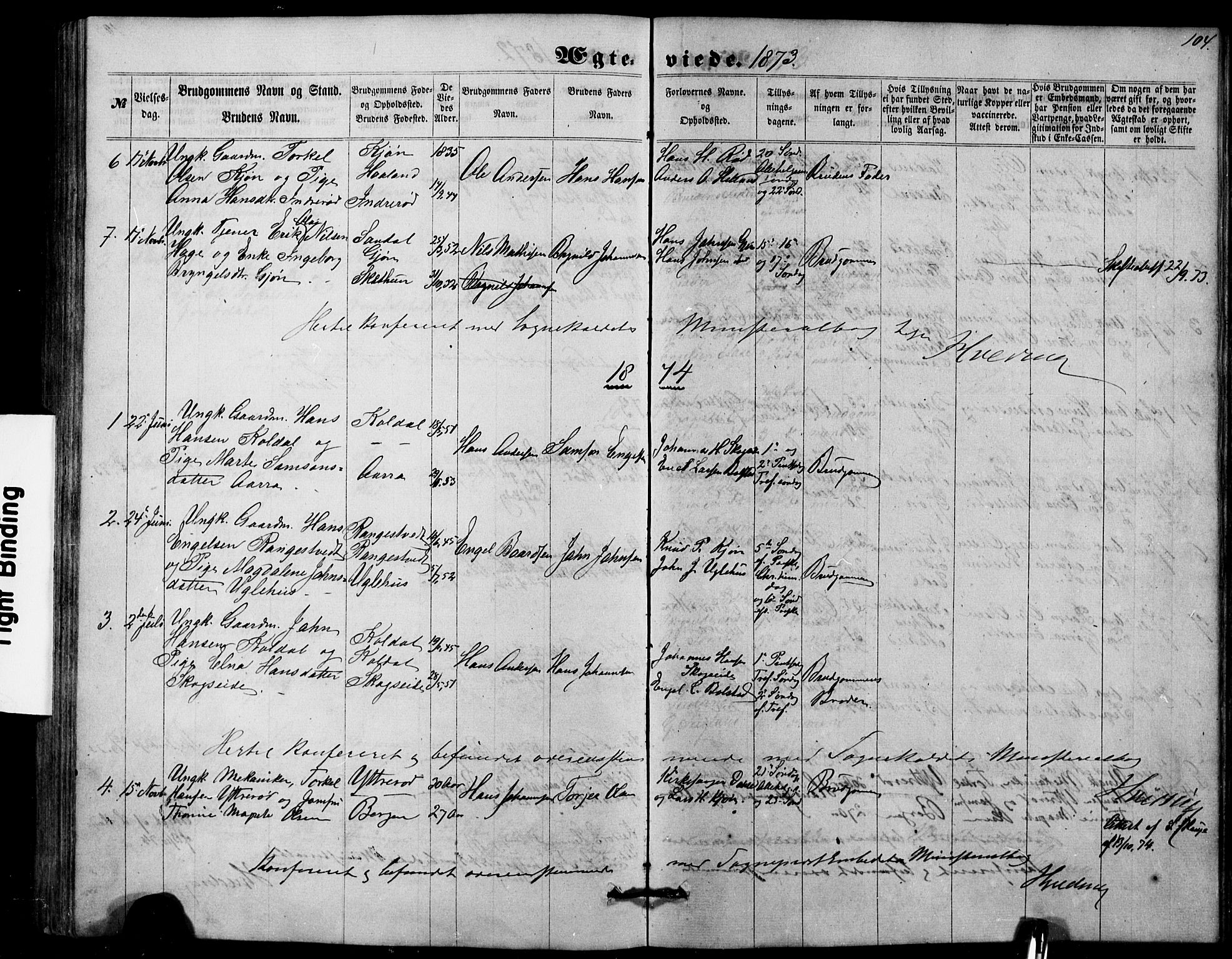 Fusa sokneprestembete, SAB/A-75401/H/Hab: Parish register (copy) no. B 1, 1861-1896, p. 104