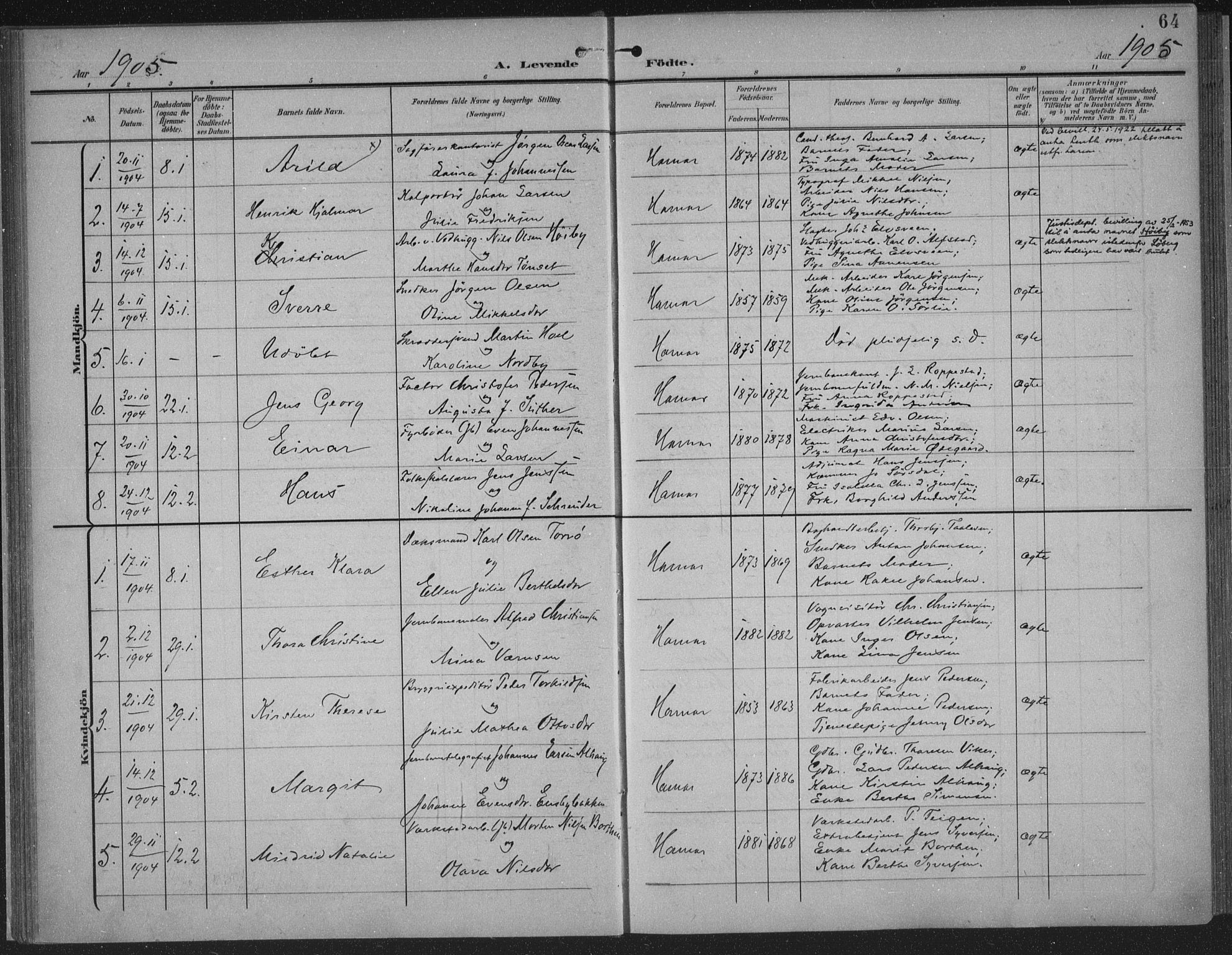 Hamar prestekontor, AV/SAH-DOMPH-002/H/Ha/Haa/L0001: Parish register (official) no. 1, 1900-1914, p. 64