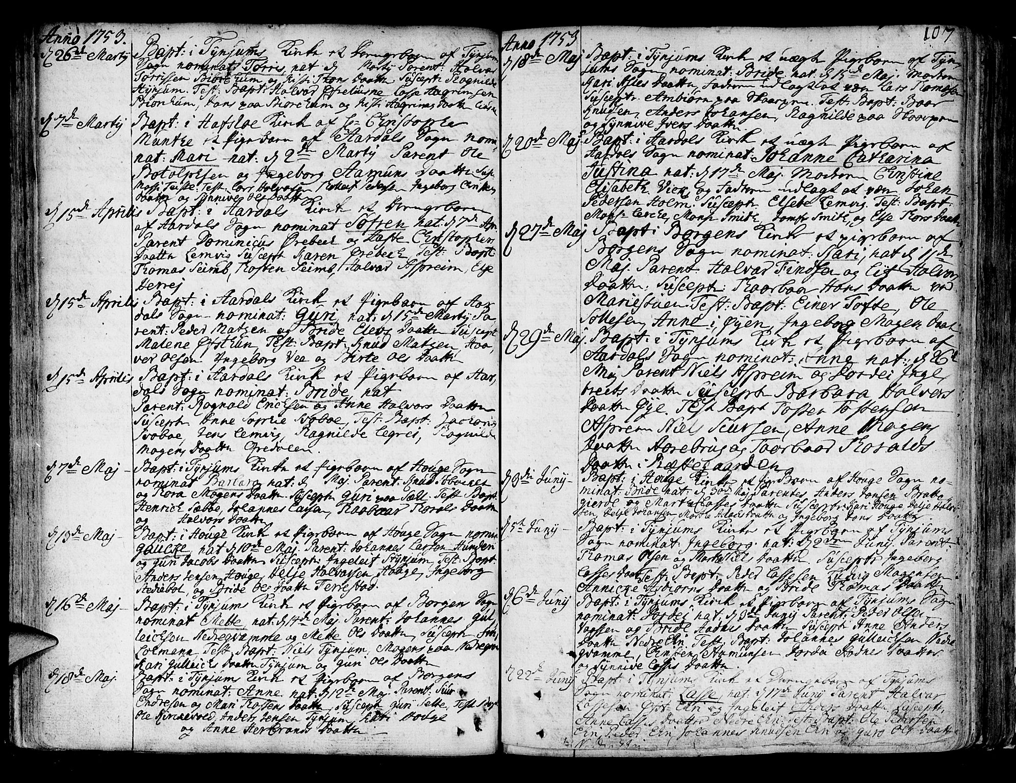 Lærdal sokneprestembete, SAB/A-81201: Parish register (official) no. A 2, 1752-1782, p. 107