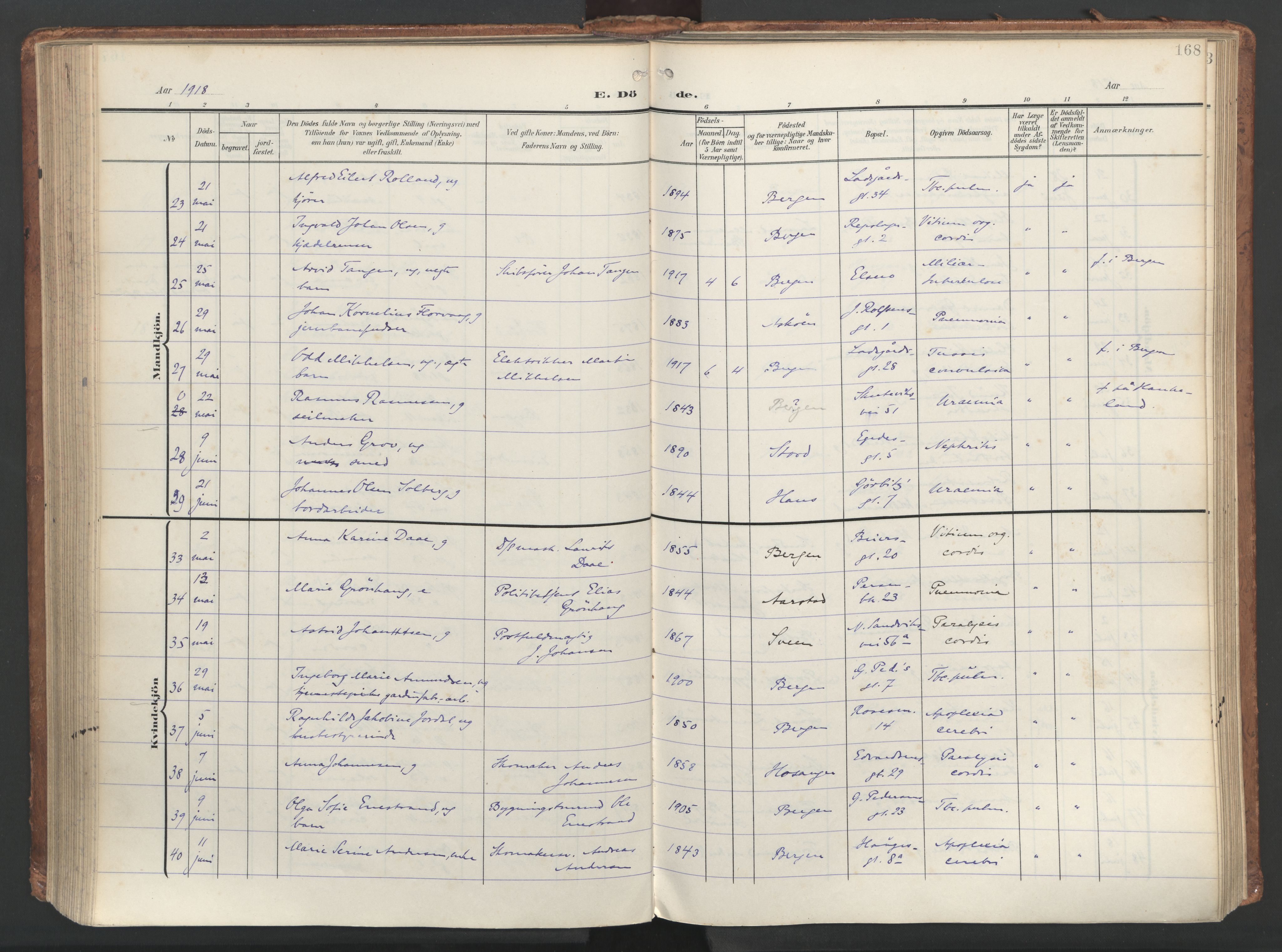 Sandviken Sokneprestembete, AV/SAB-A-77601/H/Ha/L0019: Parish register (official) no. E 2, 1905-1933, p. 168