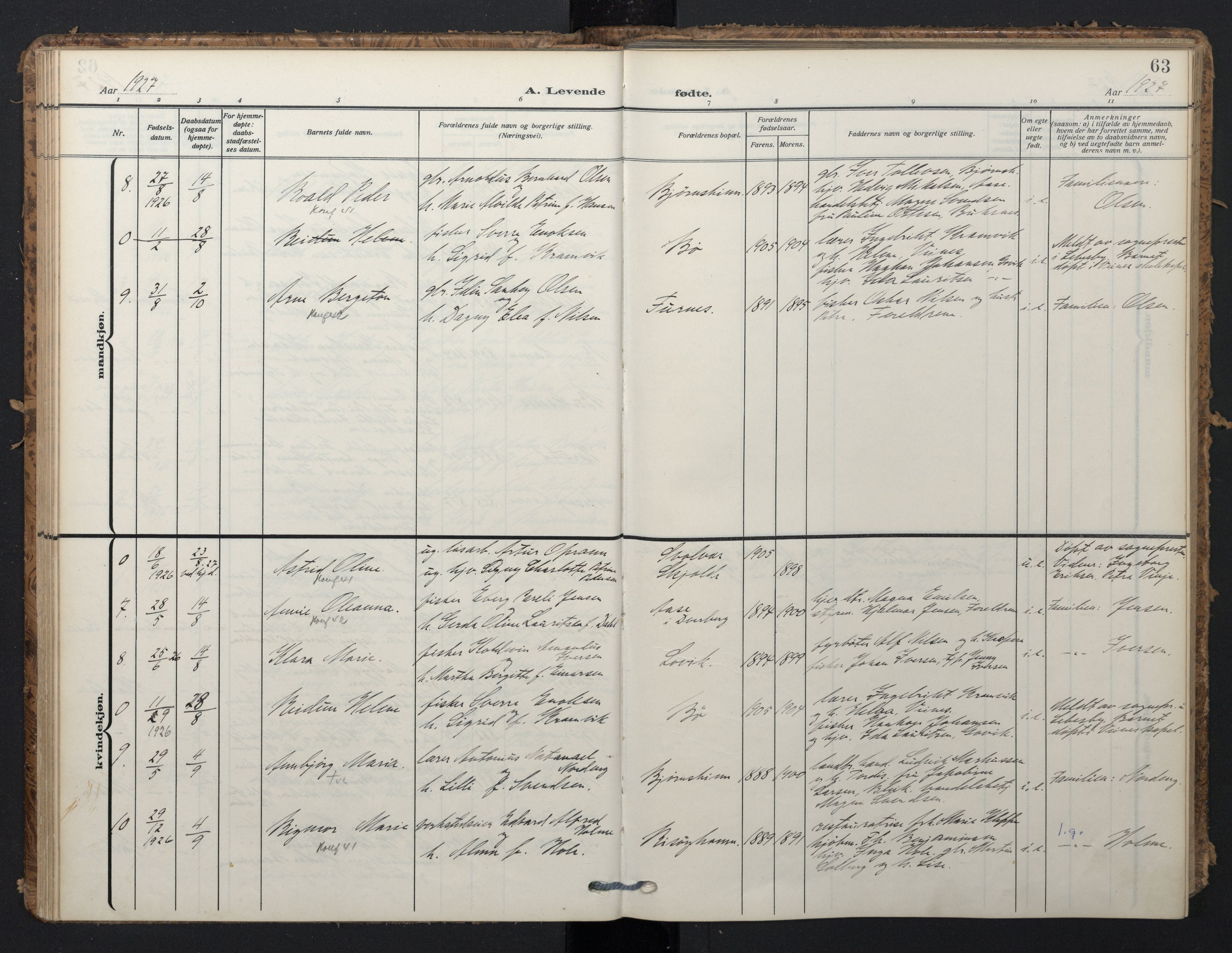 Ministerialprotokoller, klokkerbøker og fødselsregistre - Nordland, SAT/A-1459/898/L1423: Parish register (official) no. 898A03, 1909-1928, p. 63