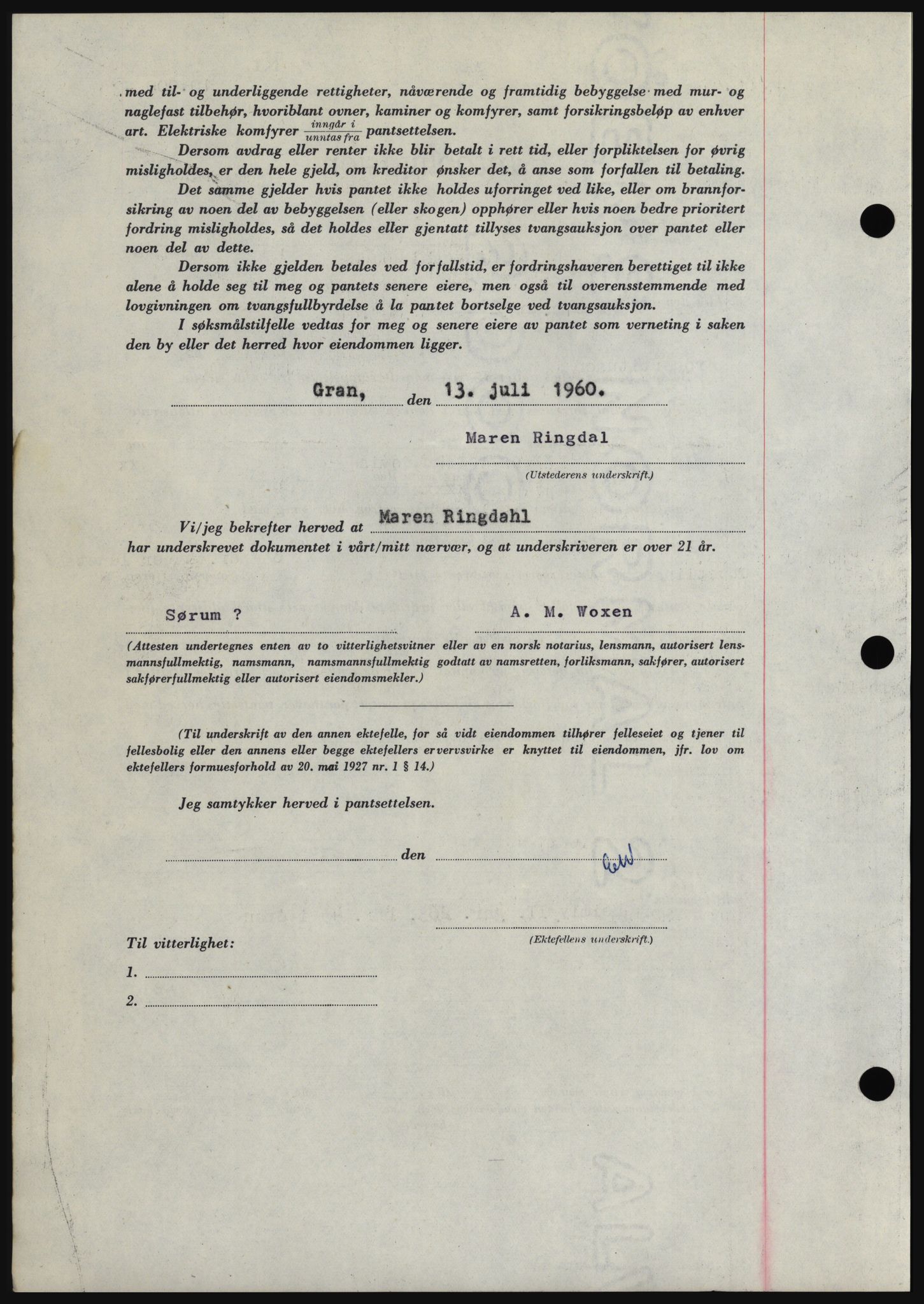 Hadeland og Land tingrett, SAH/TING-010/H/Hb/Hbc/L0043: Mortgage book no. B43, 1960-1960, Diary no: : 2615/1960