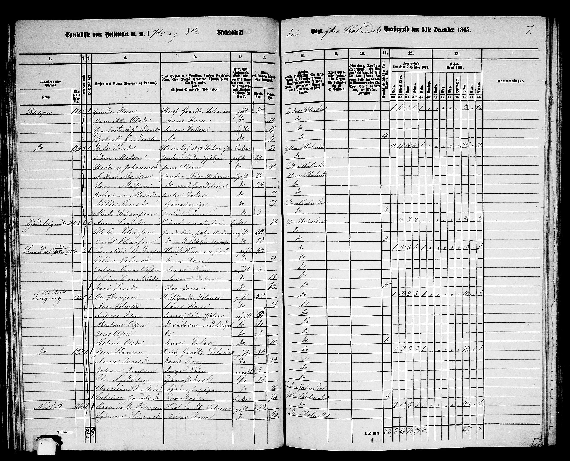 RA, 1865 census for Ytre Holmedal, 1865, p. 81