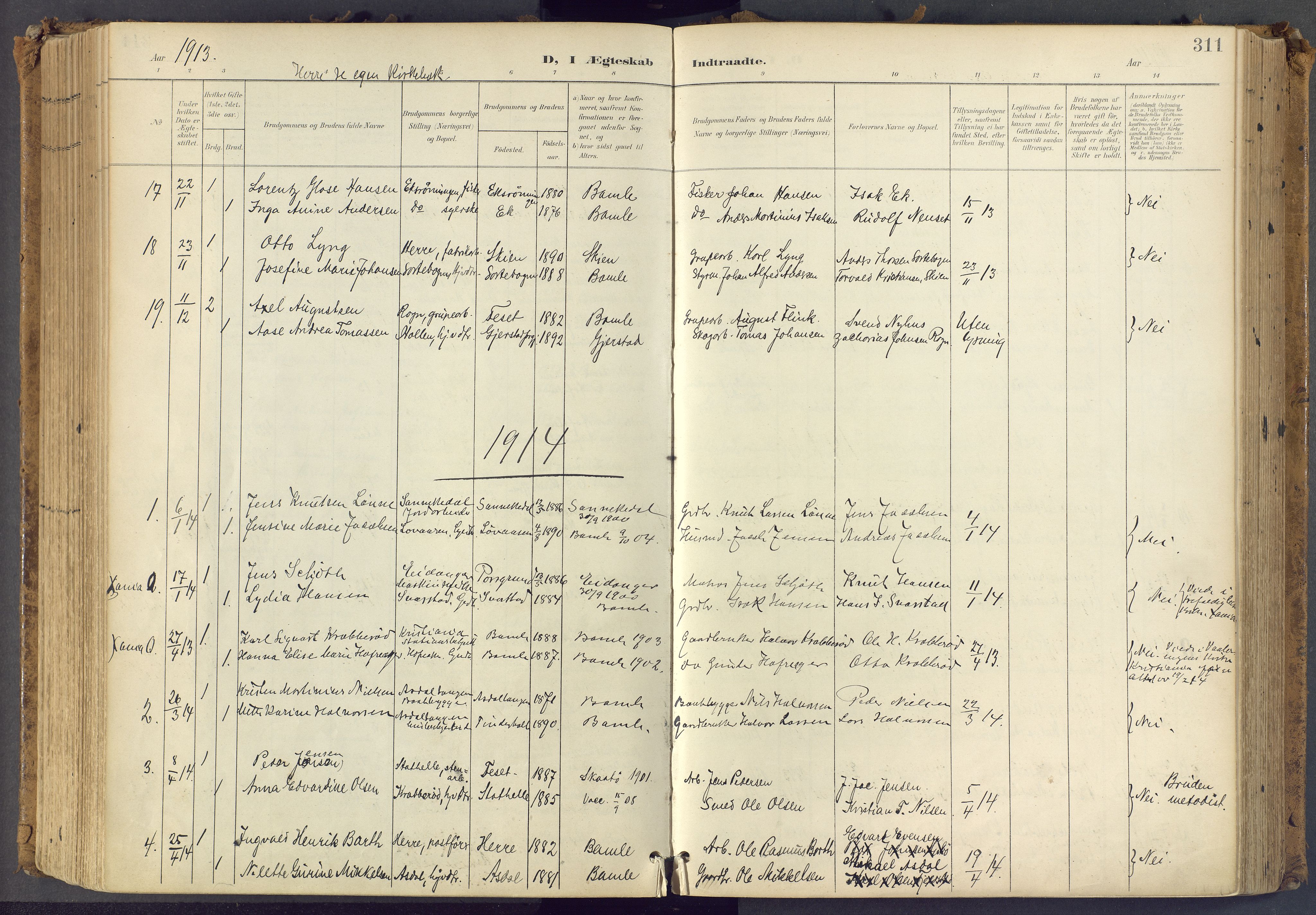 Bamble kirkebøker, SAKO/A-253/F/Fa/L0009: Parish register (official) no. I 9, 1901-1917, p. 311