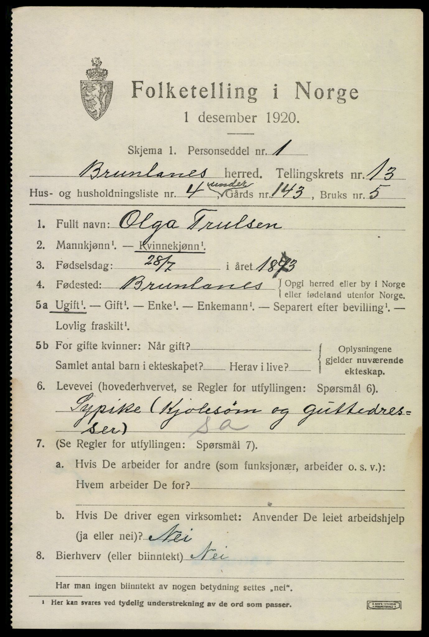 SAKO, 1920 census for Brunlanes, 1920, p. 10827