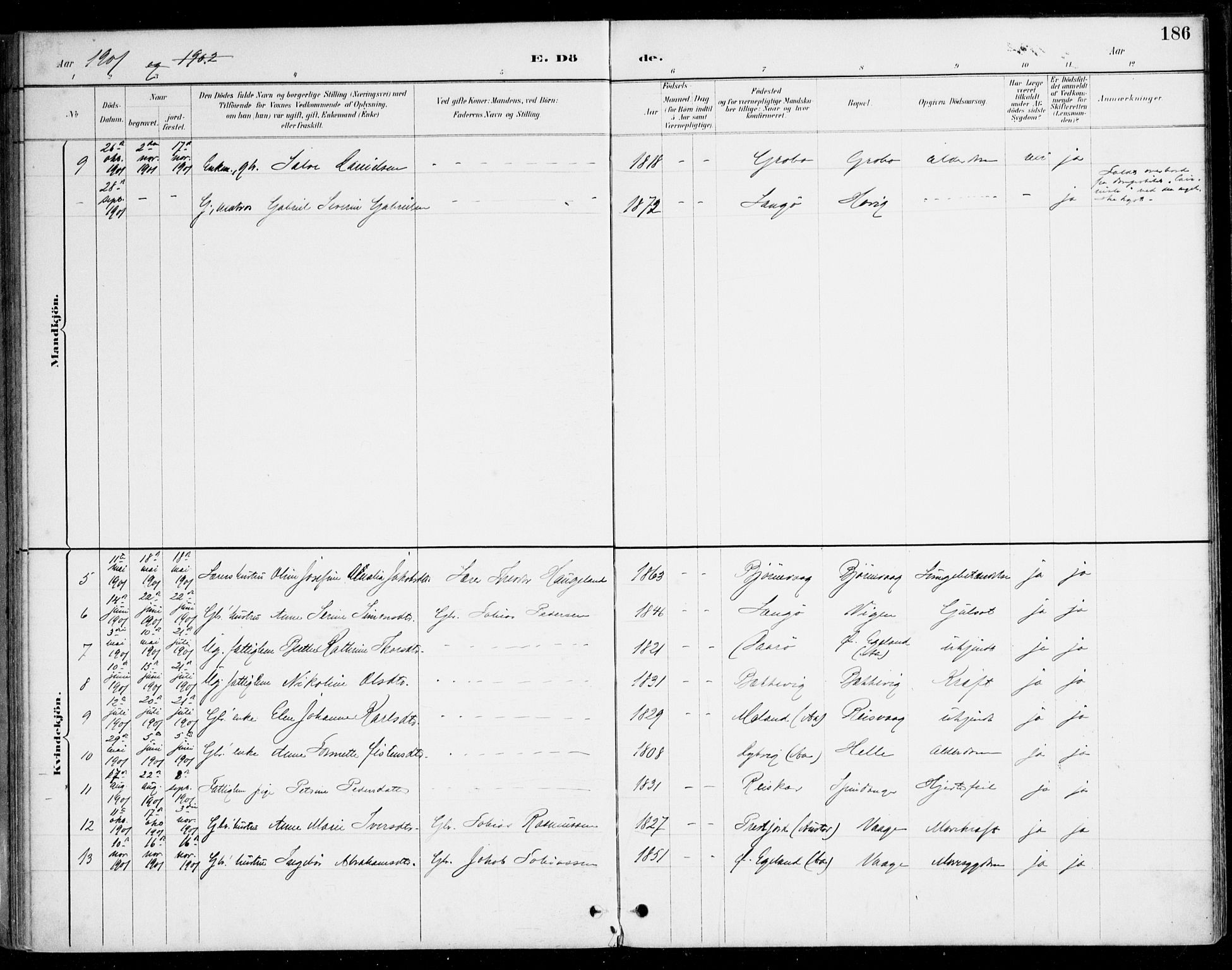 Herad sokneprestkontor, AV/SAK-1111-0018/F/Fa/Fab/L0005: Parish register (official) no. A 5, 1886-1913, p. 186