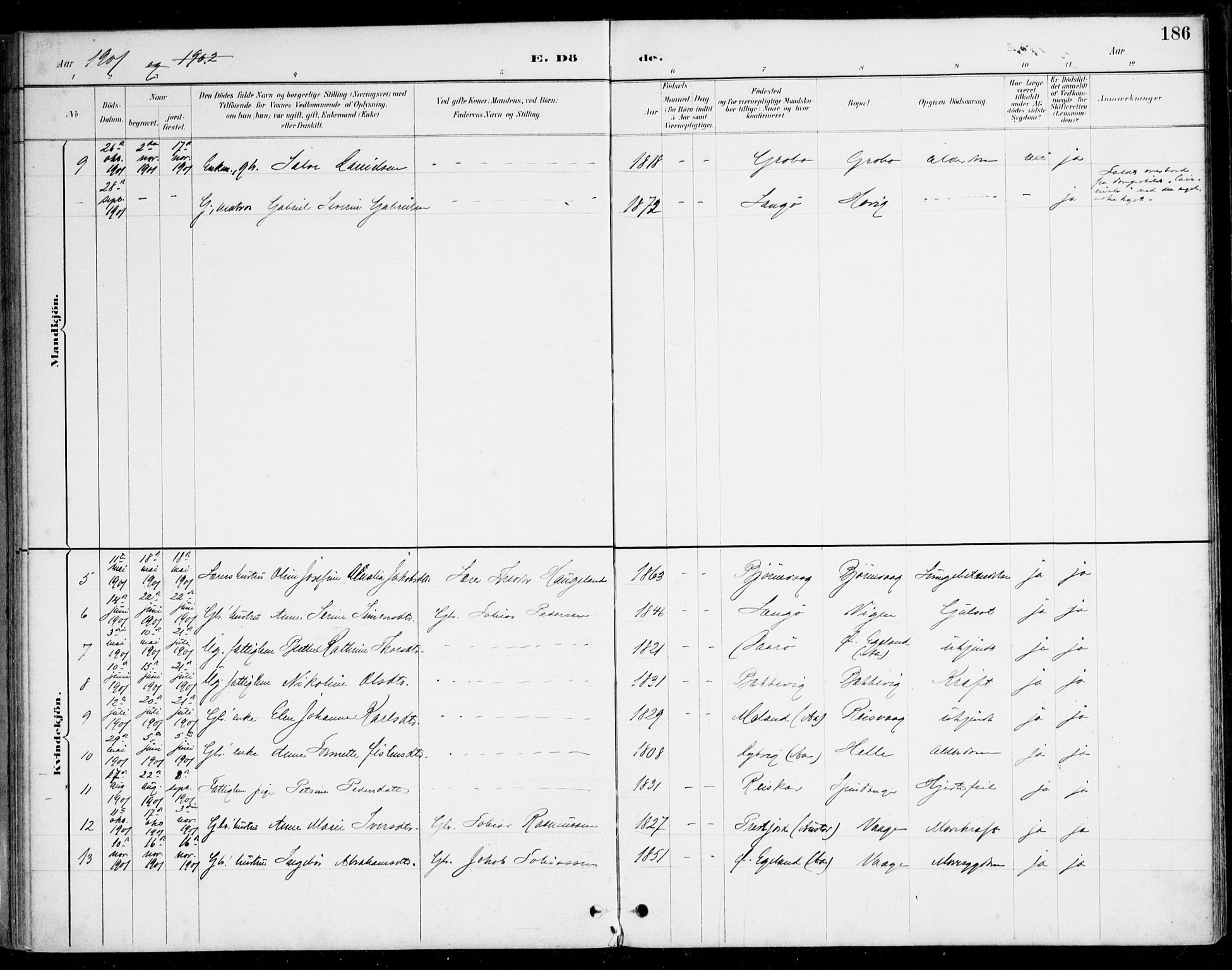 Herad sokneprestkontor, SAK/1111-0018/F/Fa/Fab/L0005: Parish register (official) no. A 5, 1886-1913, p. 186