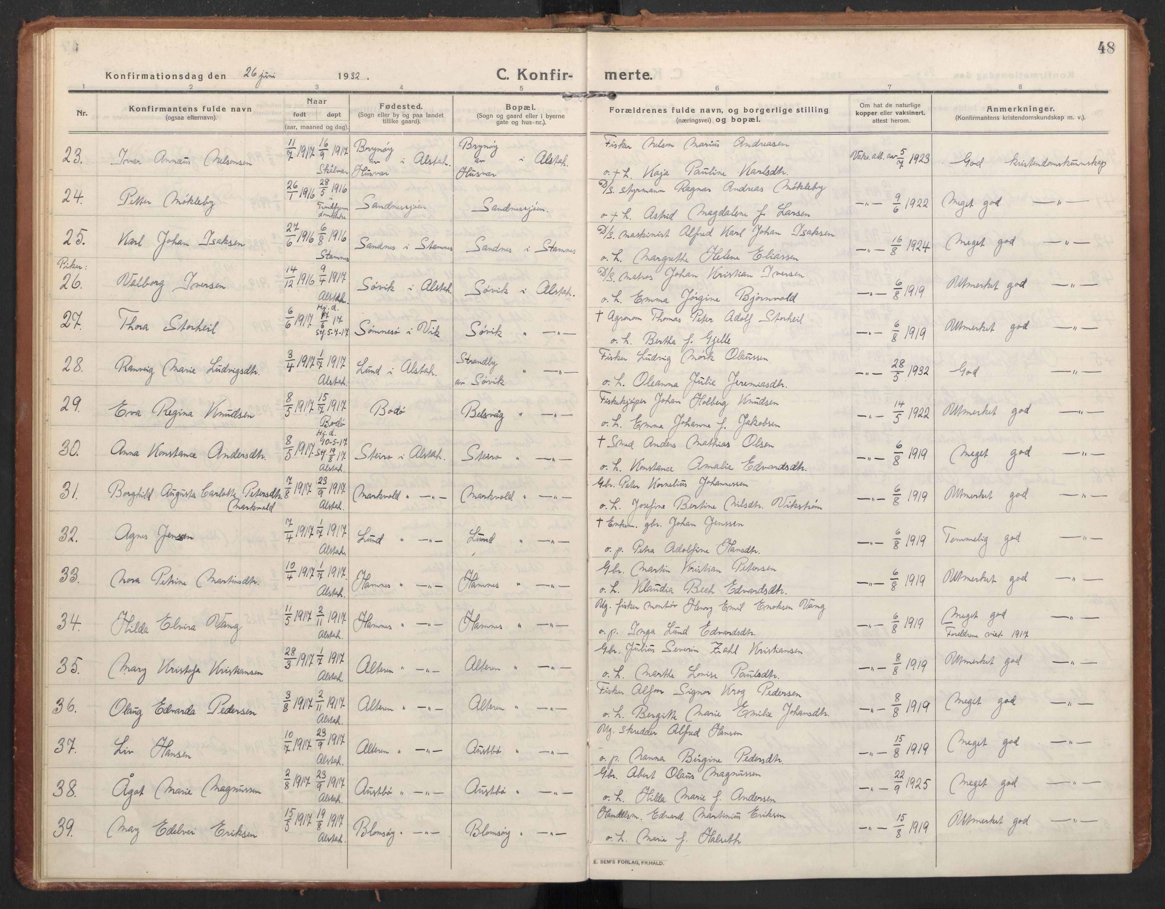 Ministerialprotokoller, klokkerbøker og fødselsregistre - Nordland, AV/SAT-A-1459/830/L0456: Parish register (official) no. 830A20, 1914-1937, p. 48