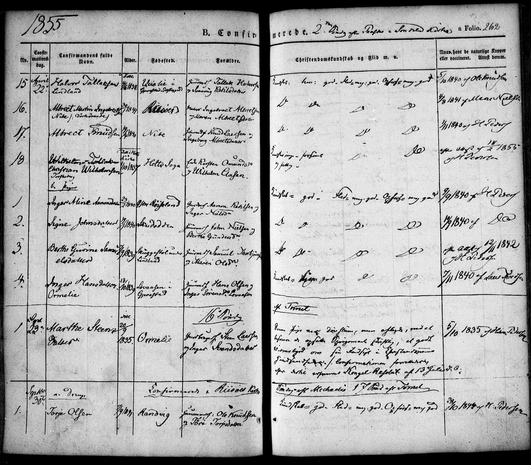 Søndeled sokneprestkontor, AV/SAK-1111-0038/F/Fa/L0002: Parish register (official) no. A 2, 1839-1860, p. 262