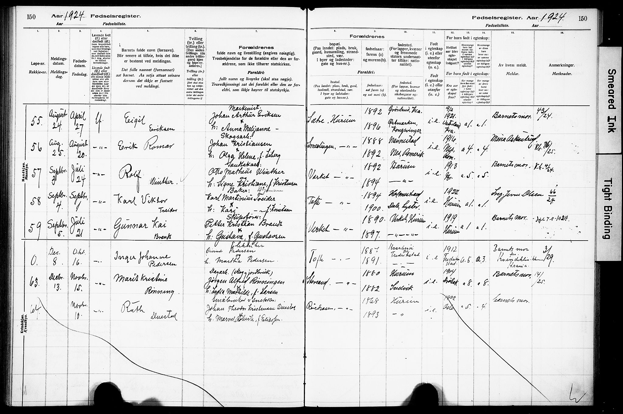 Hurum kirkebøker, AV/SAKO-A-229/J/Ja/L0001: Birth register no. 1, 1916-1928, p. 150