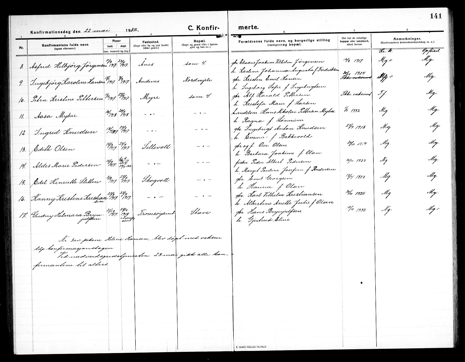 Ministerialprotokoller, klokkerbøker og fødselsregistre - Nordland, AV/SAT-A-1459/897/L1415: Parish register (copy) no. 897C05, 1916-1945, p. 141