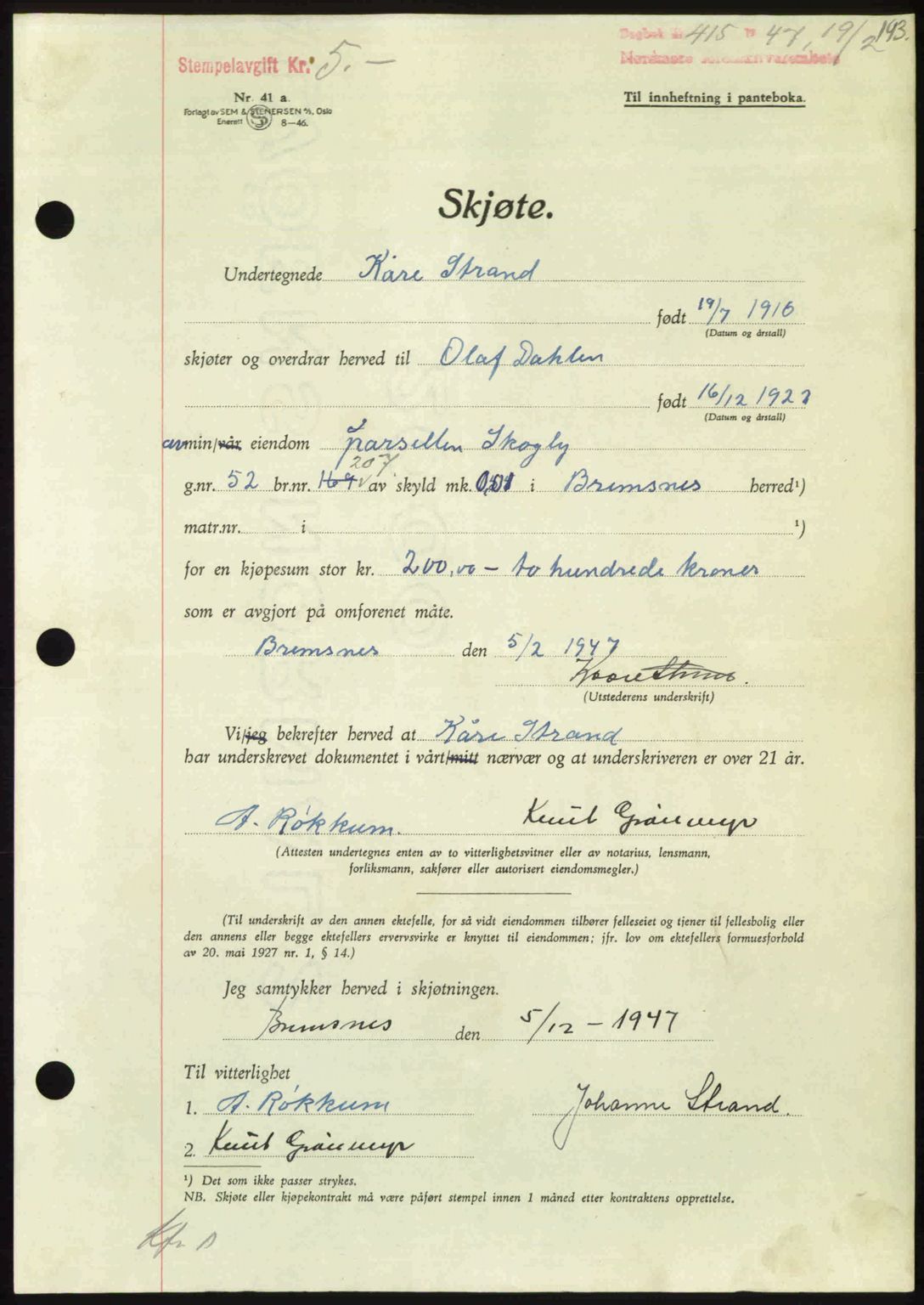 Nordmøre sorenskriveri, AV/SAT-A-4132/1/2/2Ca: Mortgage book no. A104, 1947-1947, Diary no: : 415/1947