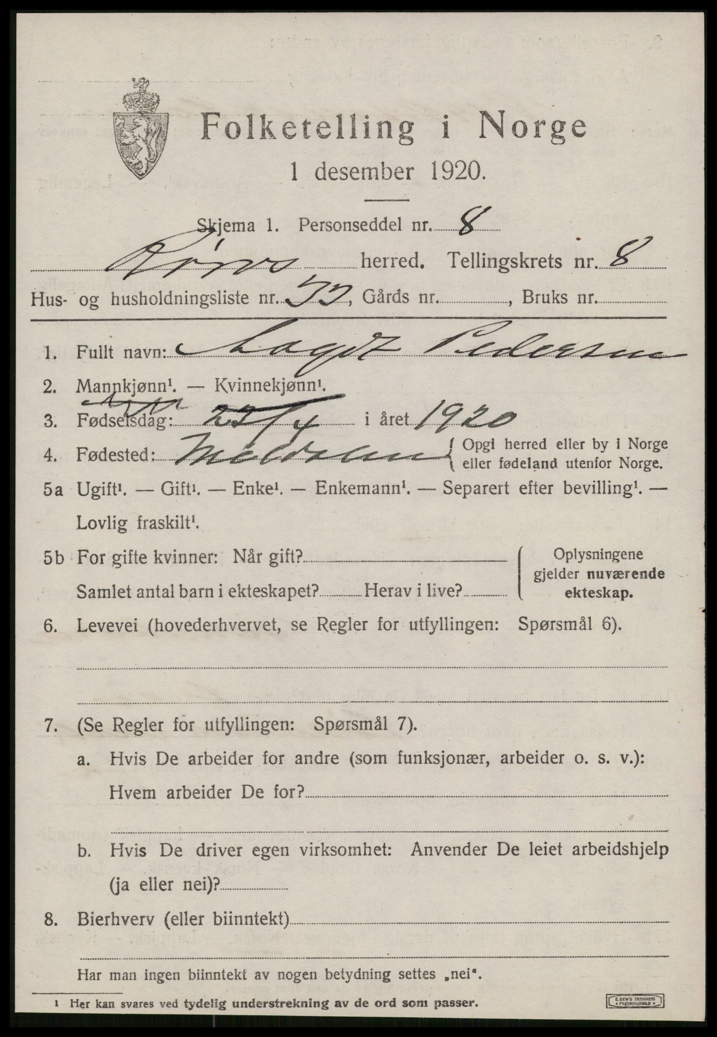 SAT, 1920 census for Røros, 1920, p. 7686