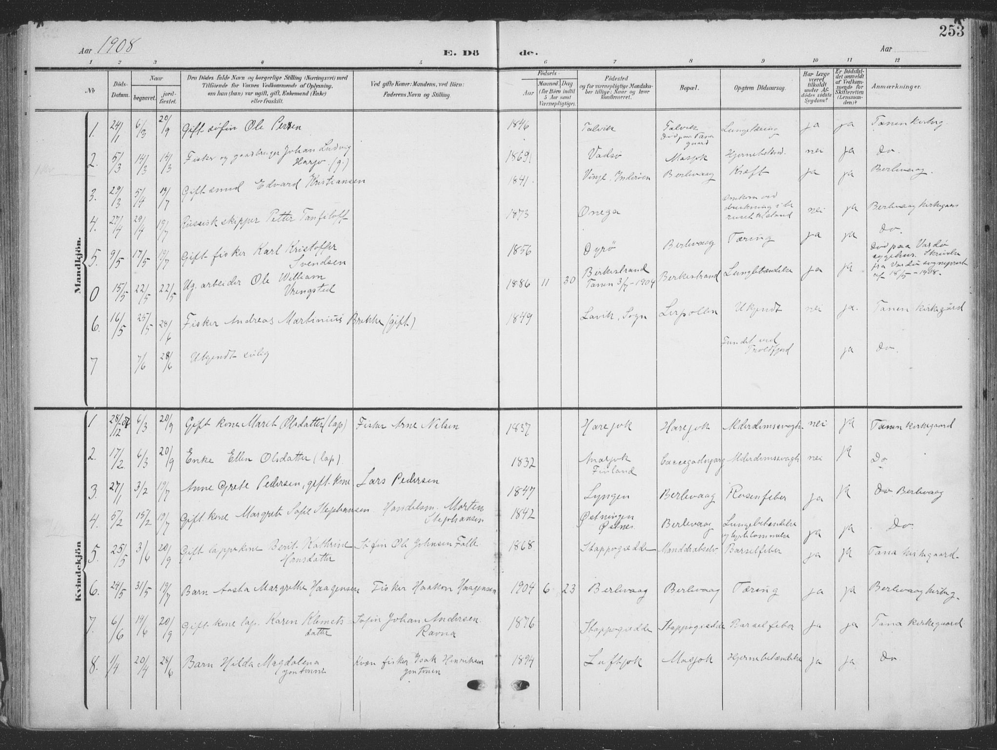 Tana sokneprestkontor, AV/SATØ-S-1334/H/Ha/L0007kirke: Parish register (official) no. 7, 1904-1918, p. 253