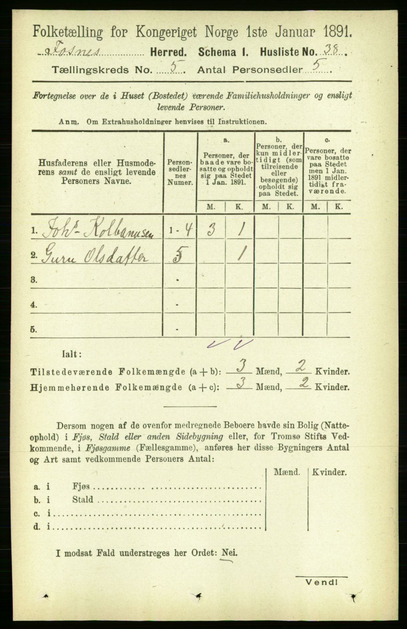 RA, 1891 census for 1748 Fosnes, 1891, p. 1930