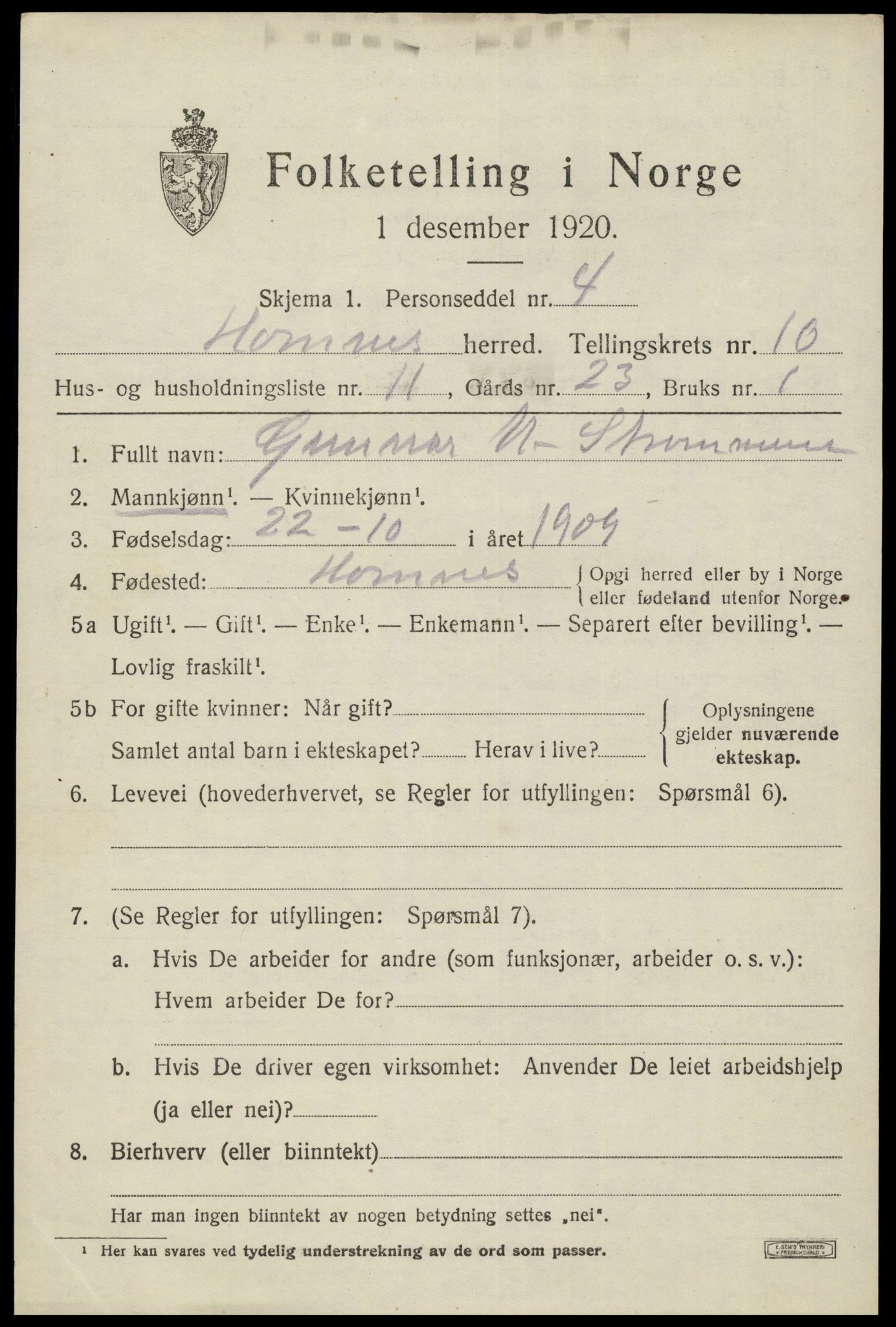 SAK, 1920 census for Hornnes, 1920, p. 2621