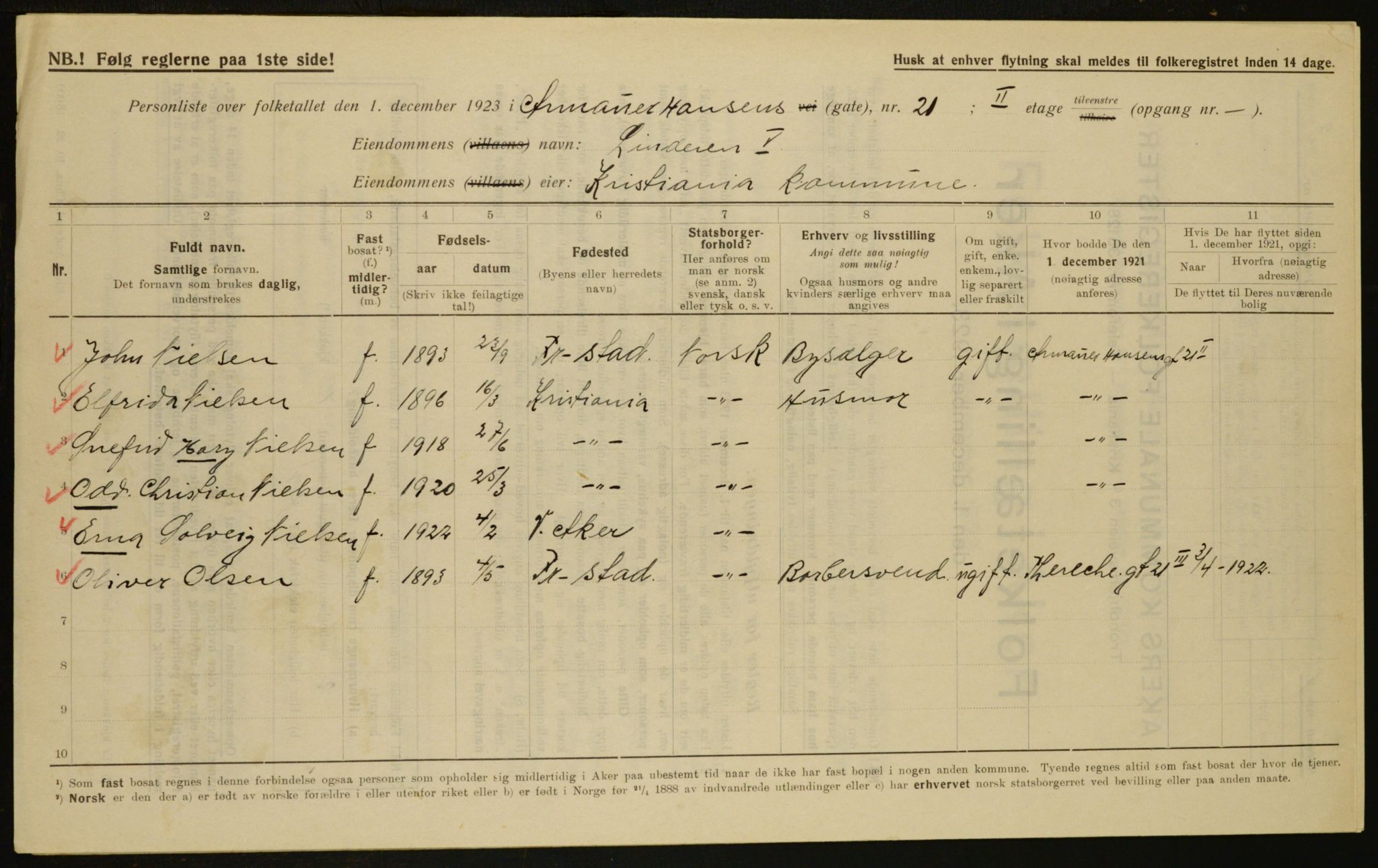 , Municipal Census 1923 for Aker, 1923, p. 7583