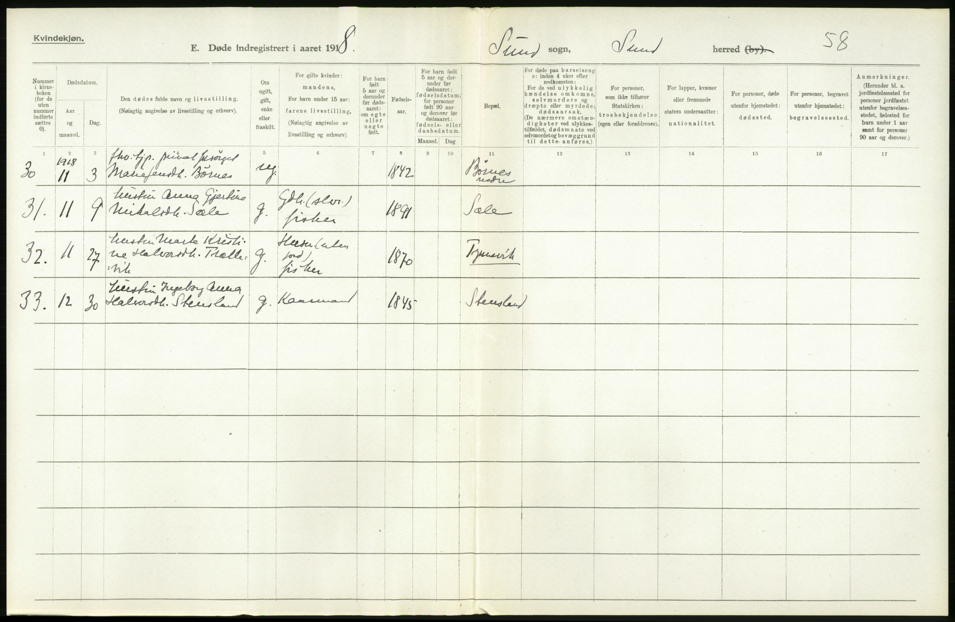 Statistisk sentralbyrå, Sosiodemografiske emner, Befolkning, AV/RA-S-2228/D/Df/Dfb/Dfbh/L0036: Hordaland fylke: Døde., 1918, p. 488