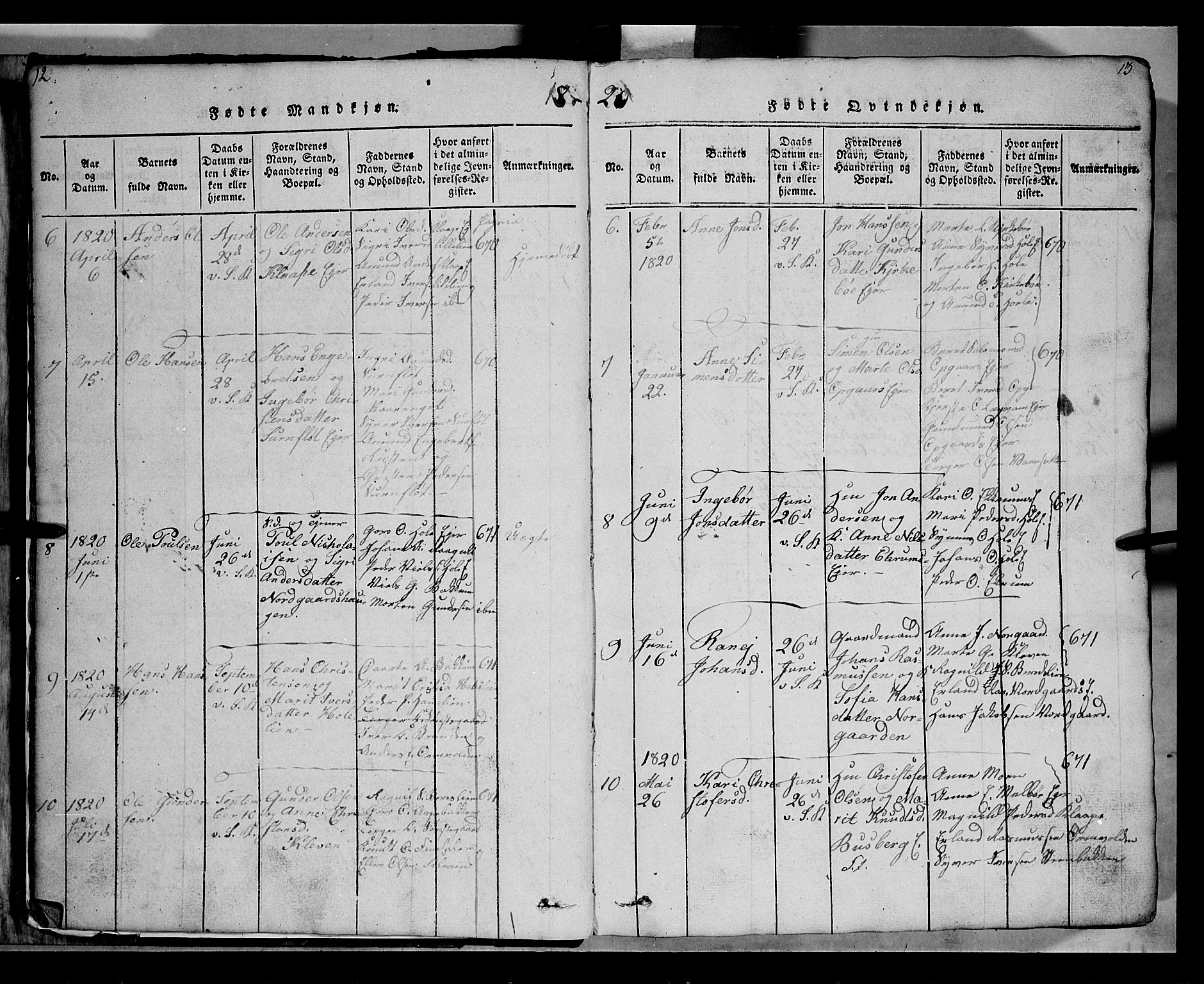 Gausdal prestekontor, SAH/PREST-090/H/Ha/Hab/L0002: Parish register (copy) no. 2, 1818-1874, p. 12-13