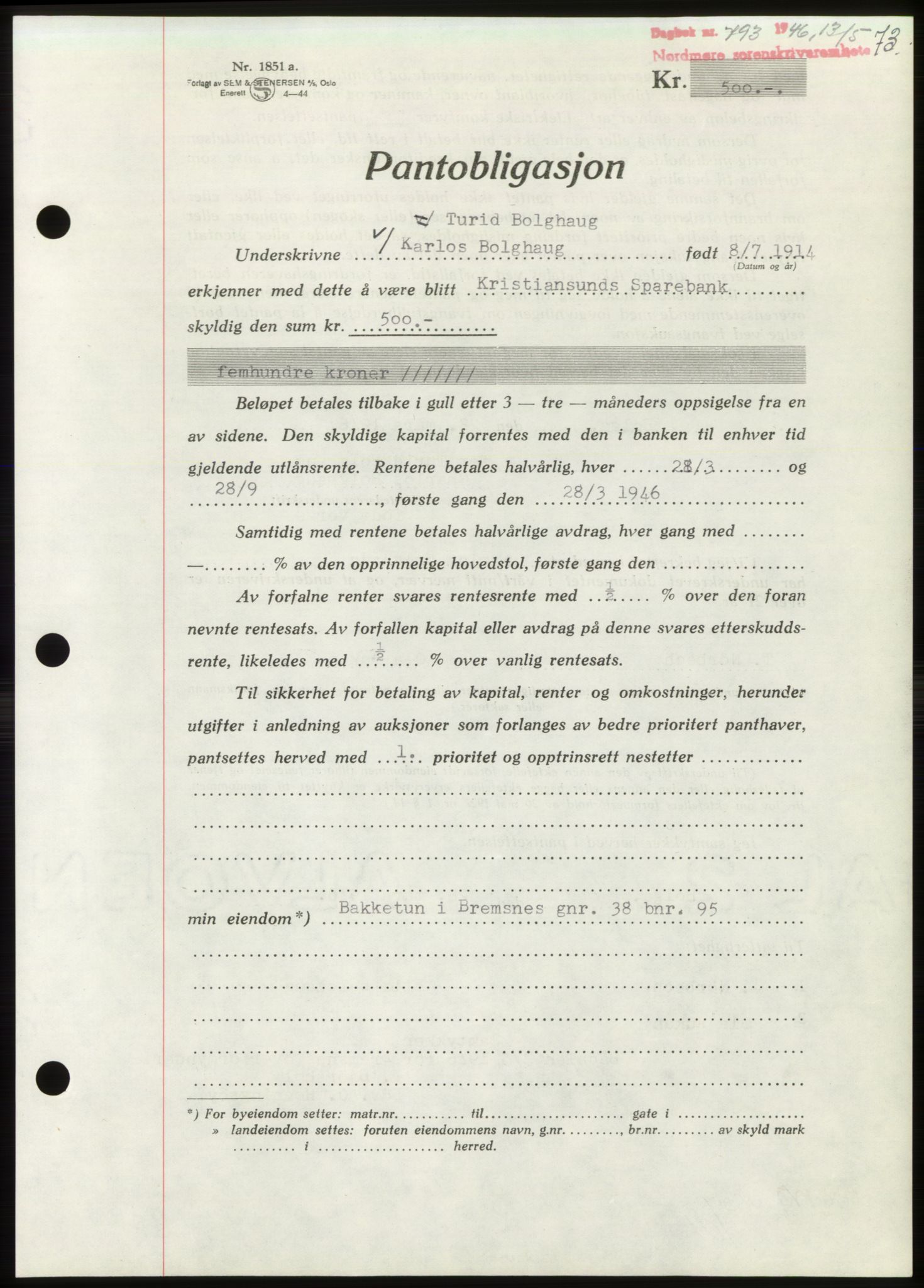 Nordmøre sorenskriveri, AV/SAT-A-4132/1/2/2Ca: Mortgage book no. B94, 1946-1946, Diary no: : 793/1946