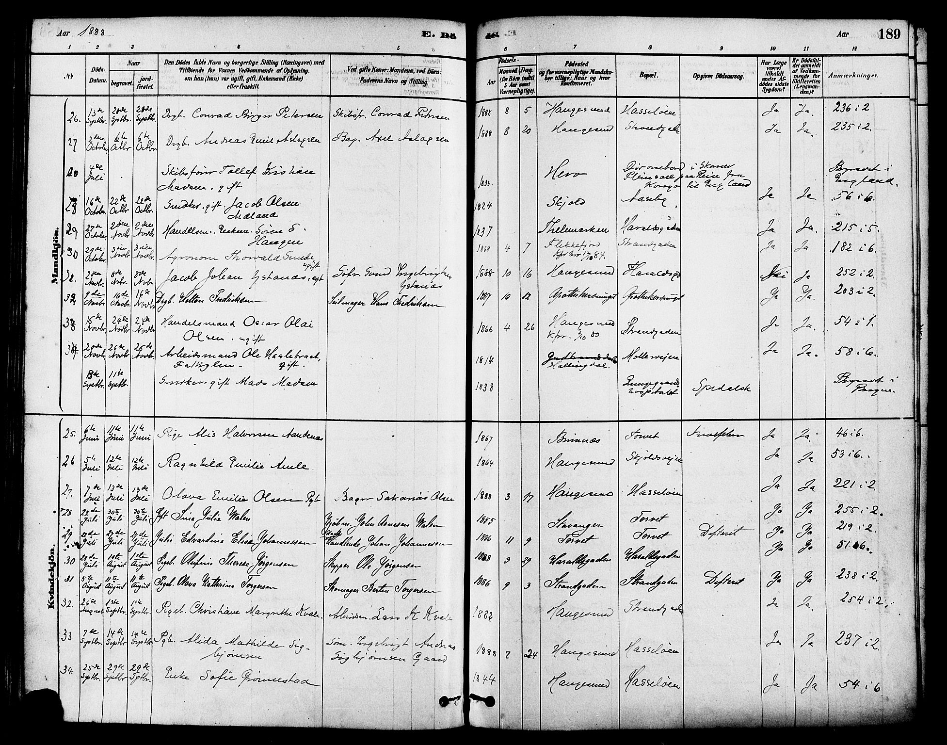 Haugesund sokneprestkontor, SAST/A -101863/H/Ha/Haa/L0003: Parish register (official) no. A 3, 1885-1890, p. 189