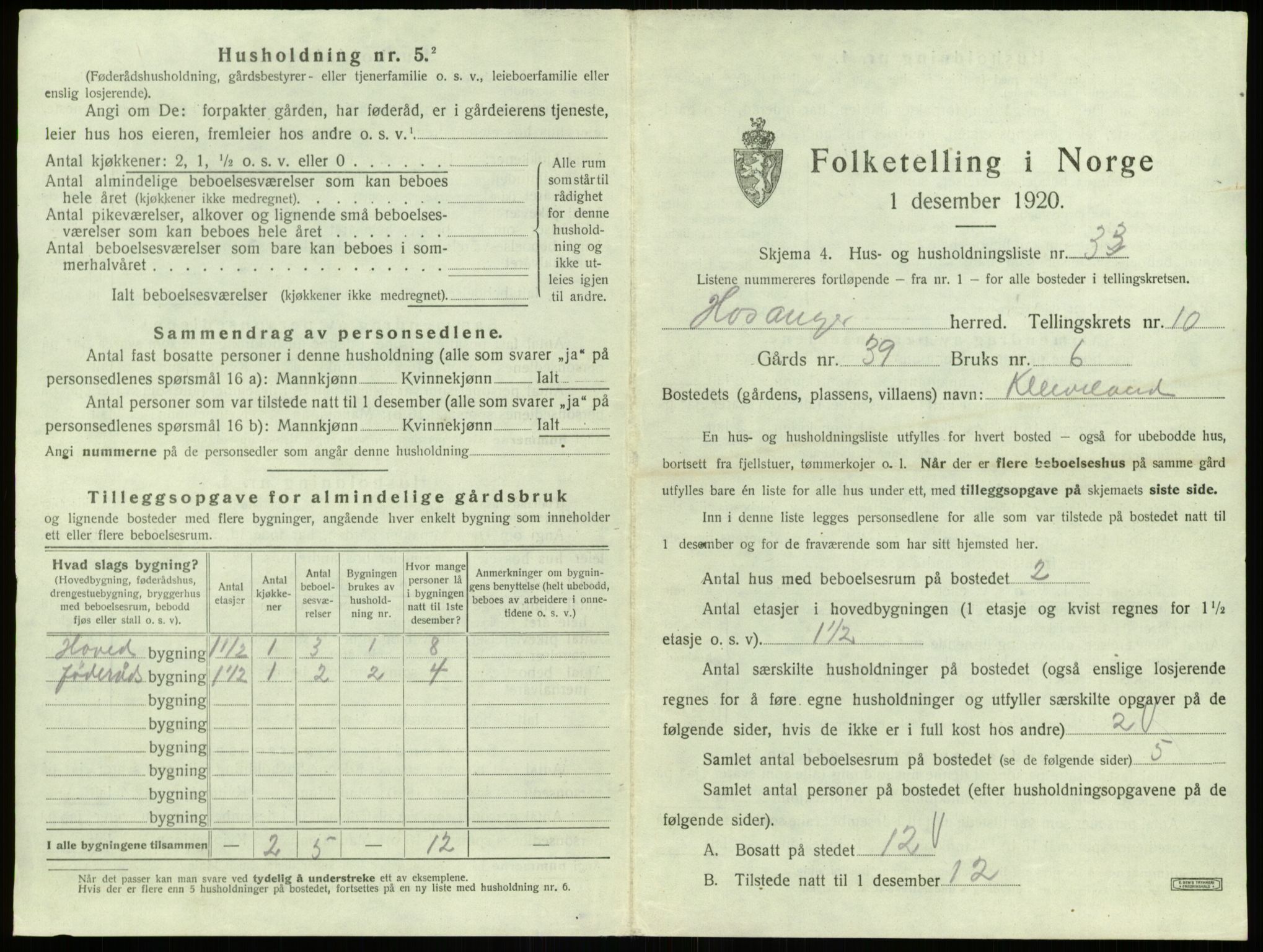 SAB, 1920 census for Hosanger, 1920, p. 602