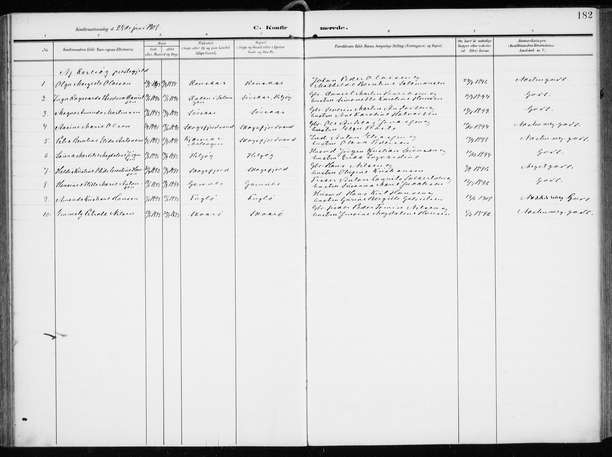 Tromsøysund sokneprestkontor, AV/SATØ-S-1304/G/Ga/L0007kirke: Parish register (official) no. 7, 1907-1914, p. 182